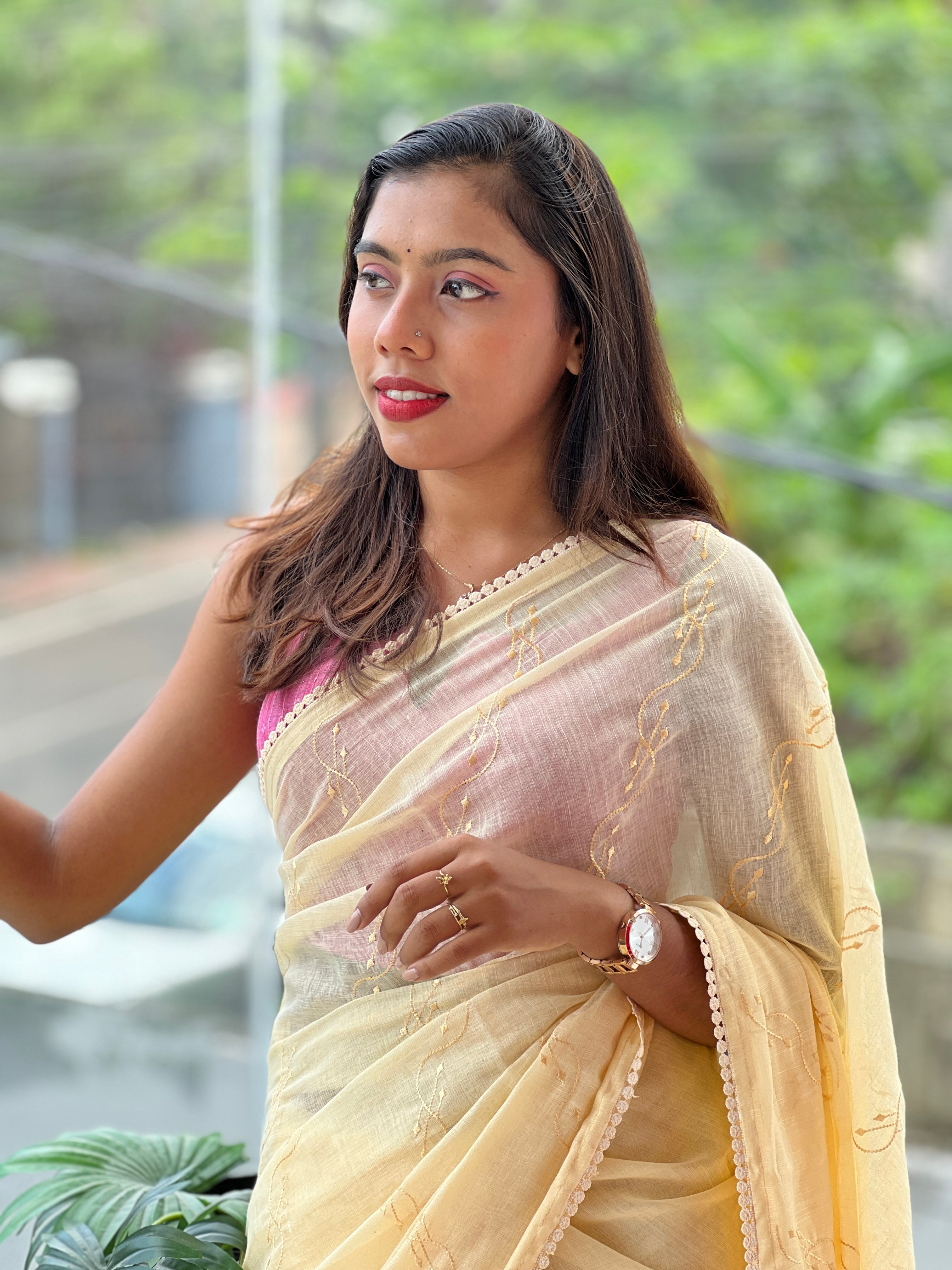 Machine Embroidery Detailed Linen Cotton Saree | BLD1501