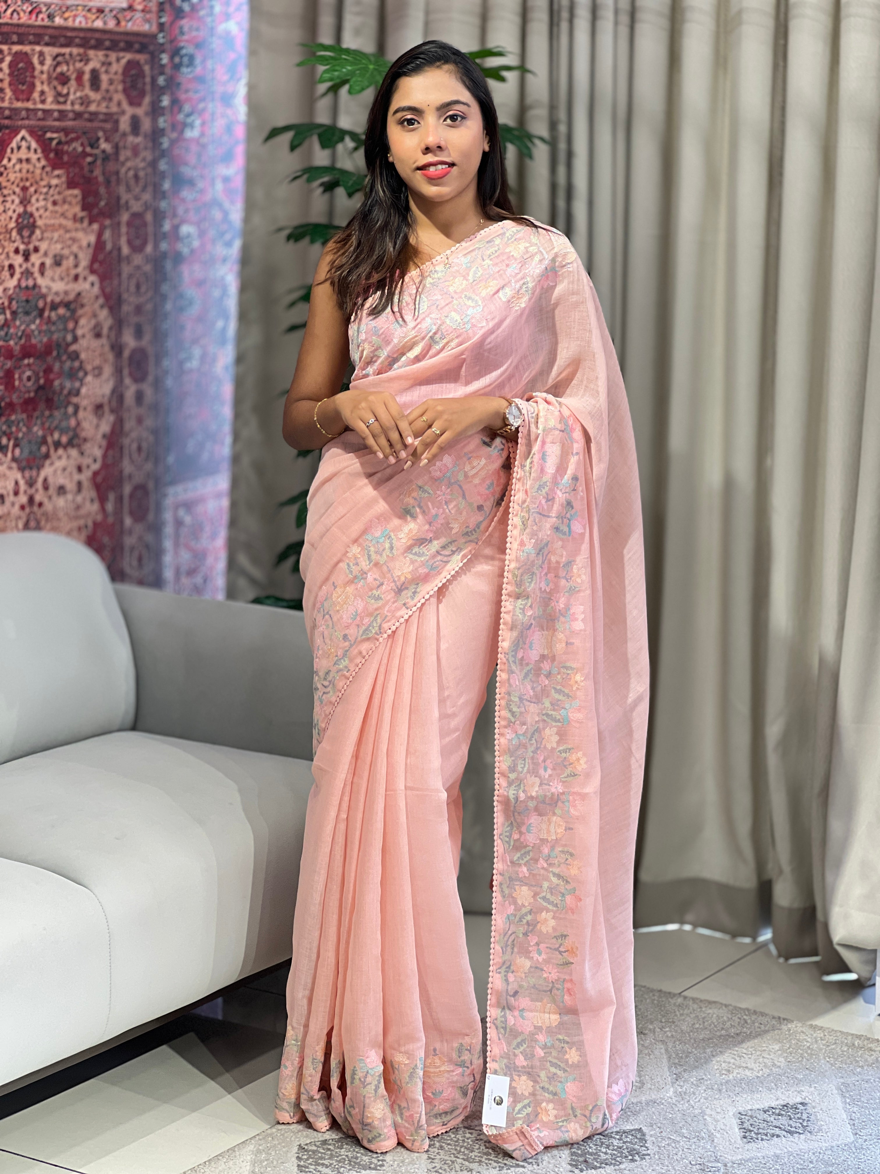Floral Embroidery Detailed Linen Cotton Saree | BLD1498