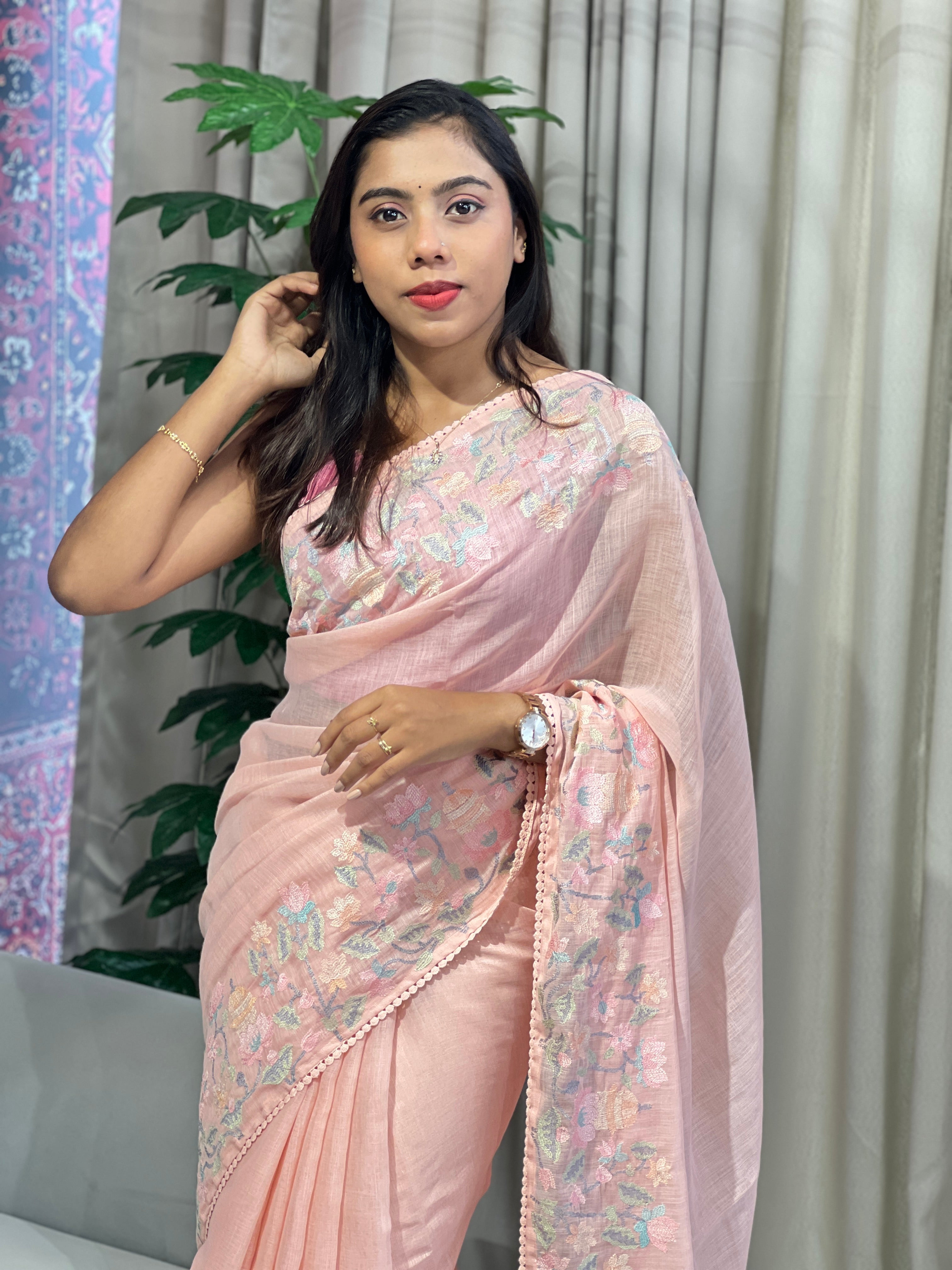 Floral Embroidery Detailed Linen Cotton Saree | BLD1498