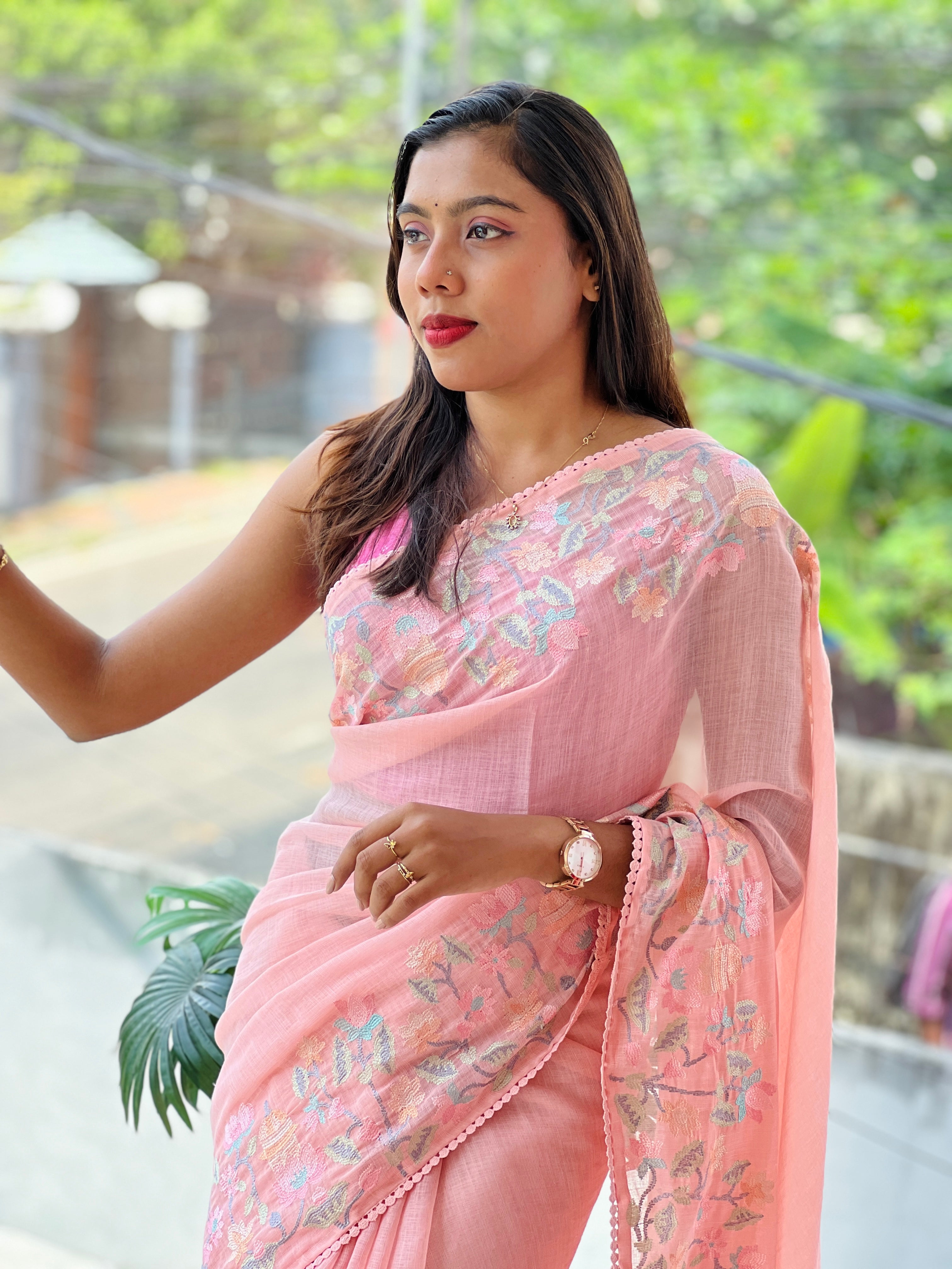 Floral Embroidery Detailed Linen Cotton Saree | BLD1498