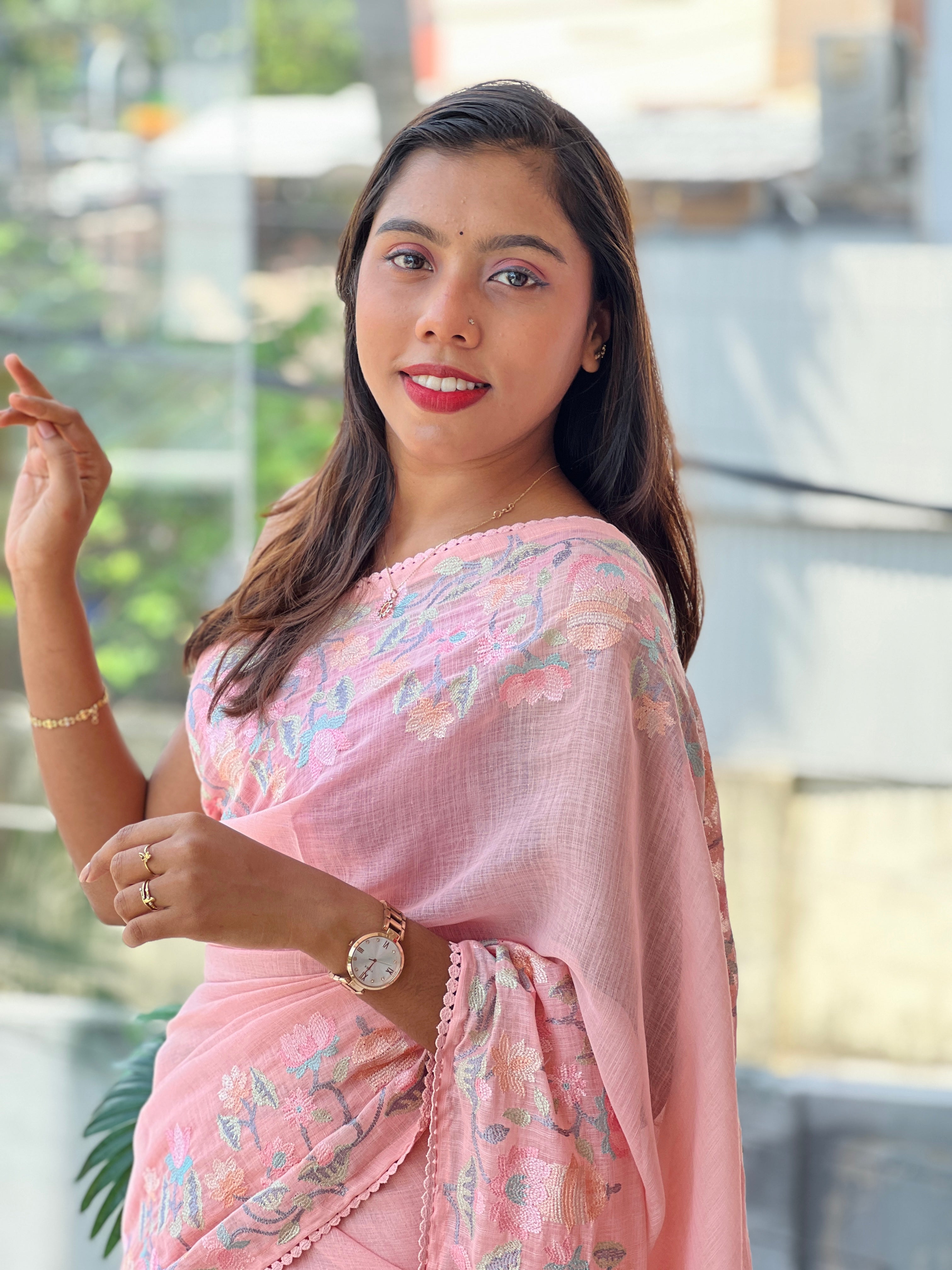 Floral Embroidery Detailed Linen Cotton Saree | BLD1498