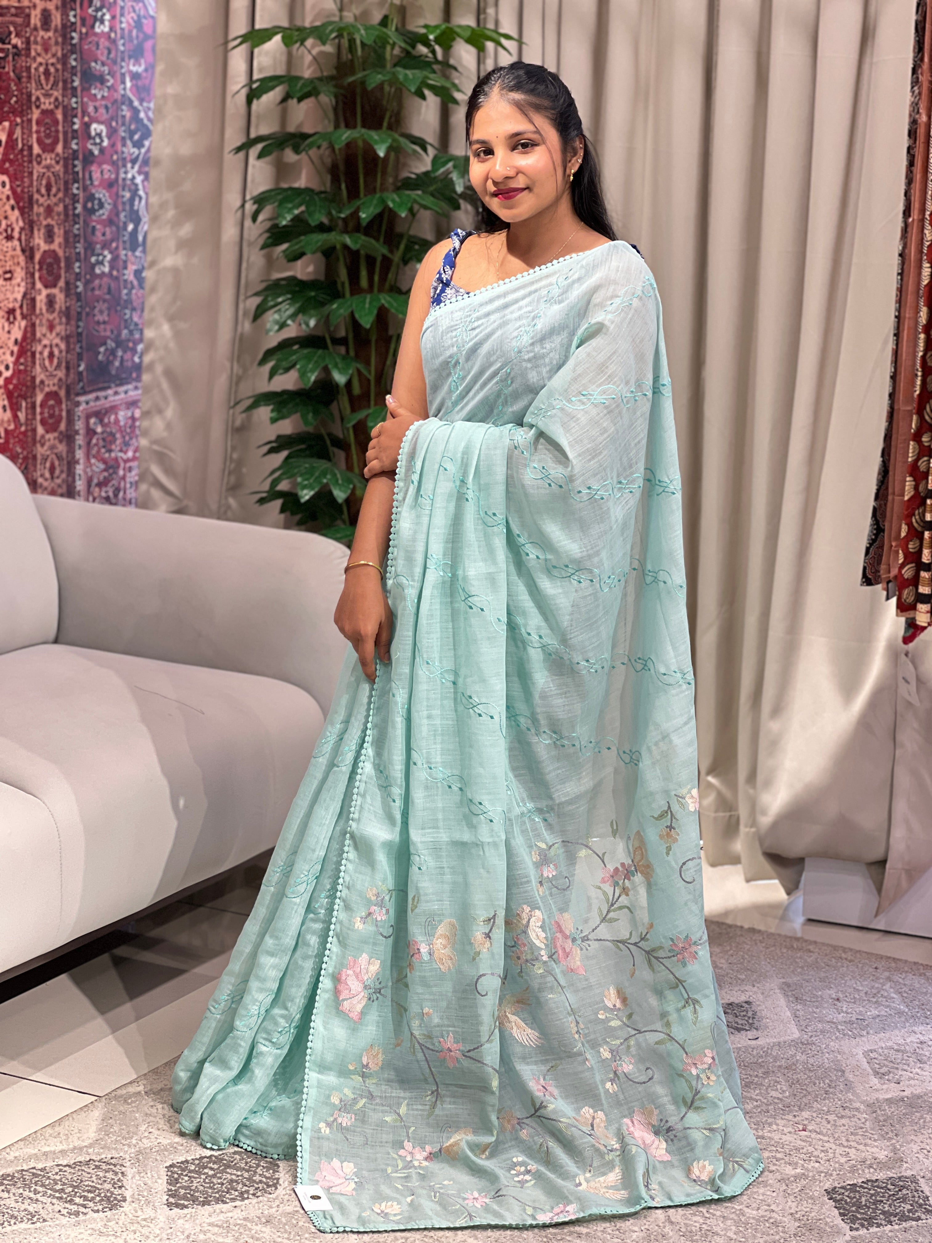 Machine Embroidery Detailed Linen Cotton Saree | BLD1502