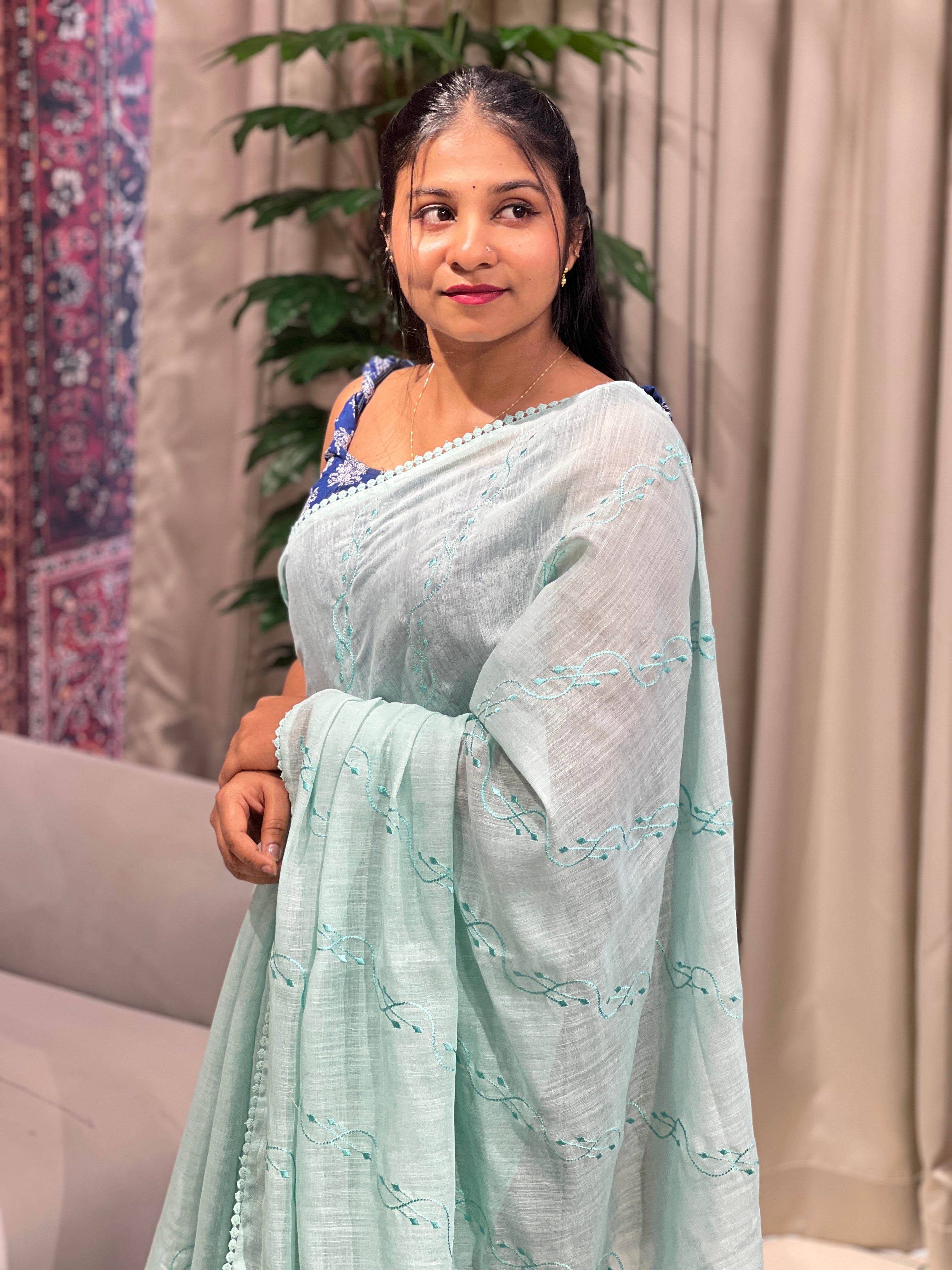 Machine Embroidery Detailed Linen Cotton Saree | BLD1502