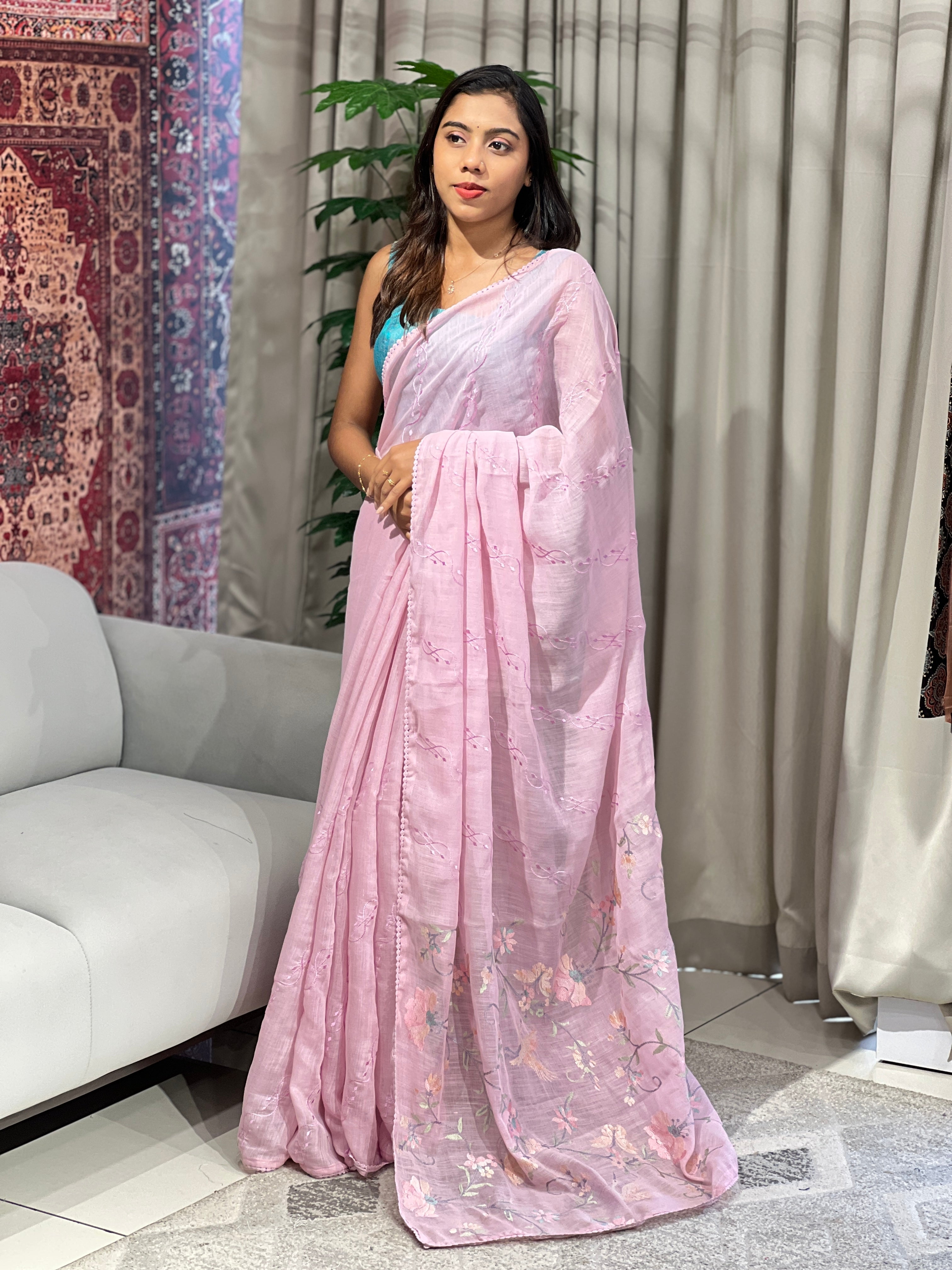 Machine Embroidery Detailed Linen Cotton Saree | BLD1505