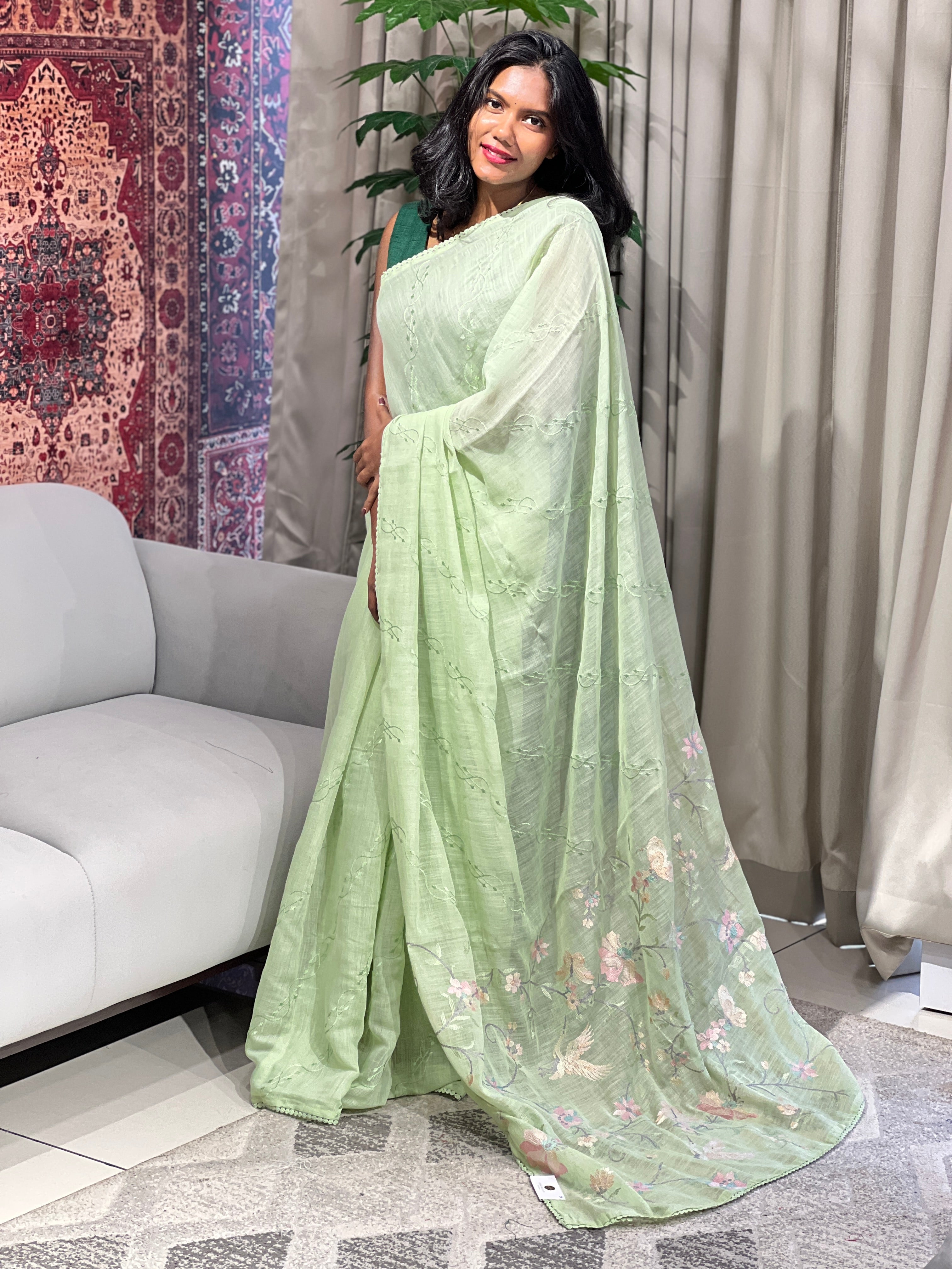 Machine Embroidery Detailed Linen Cotton Saree | BLD1506