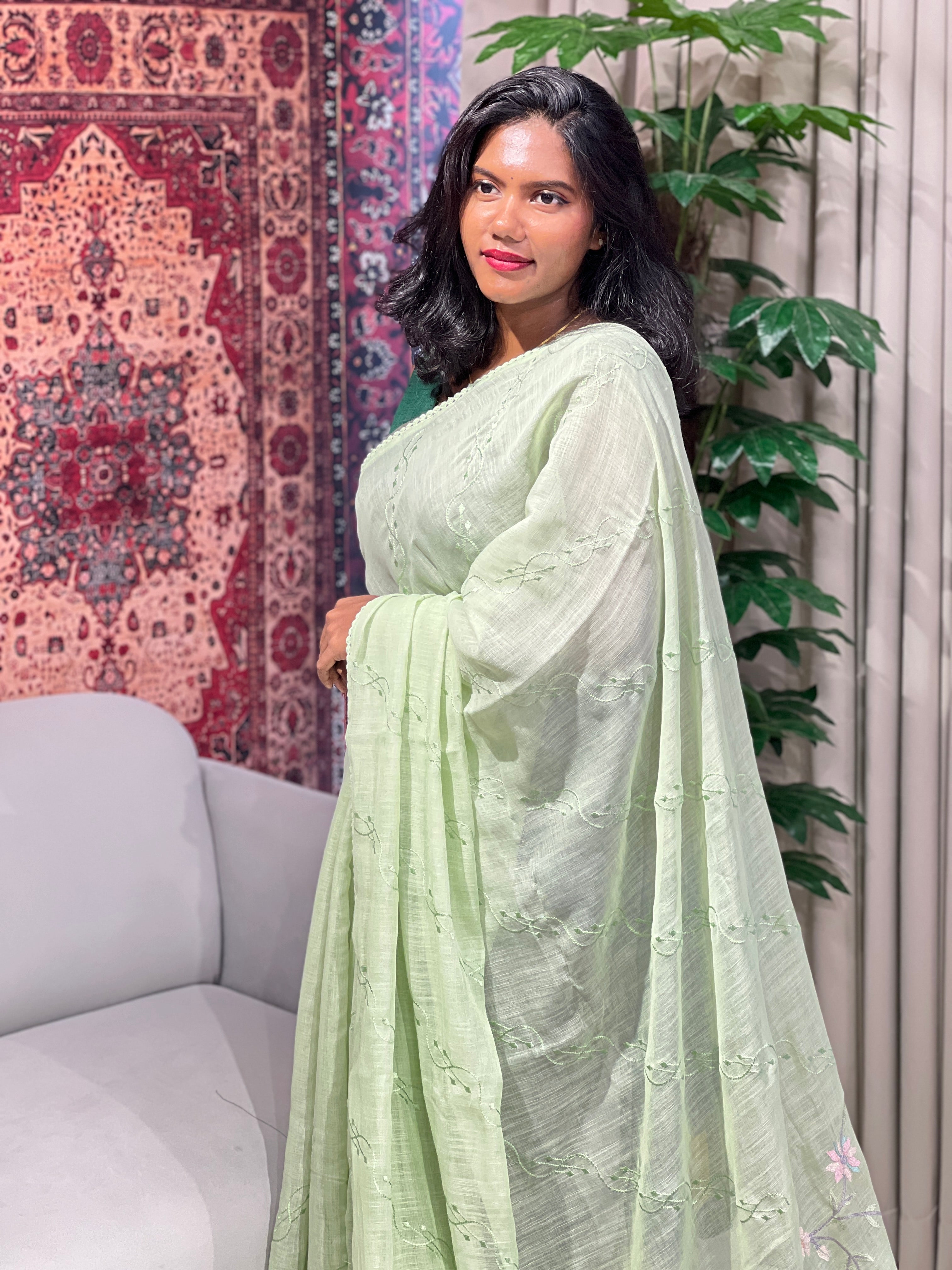Machine Embroidery Detailed Linen Cotton Saree | BLD1506