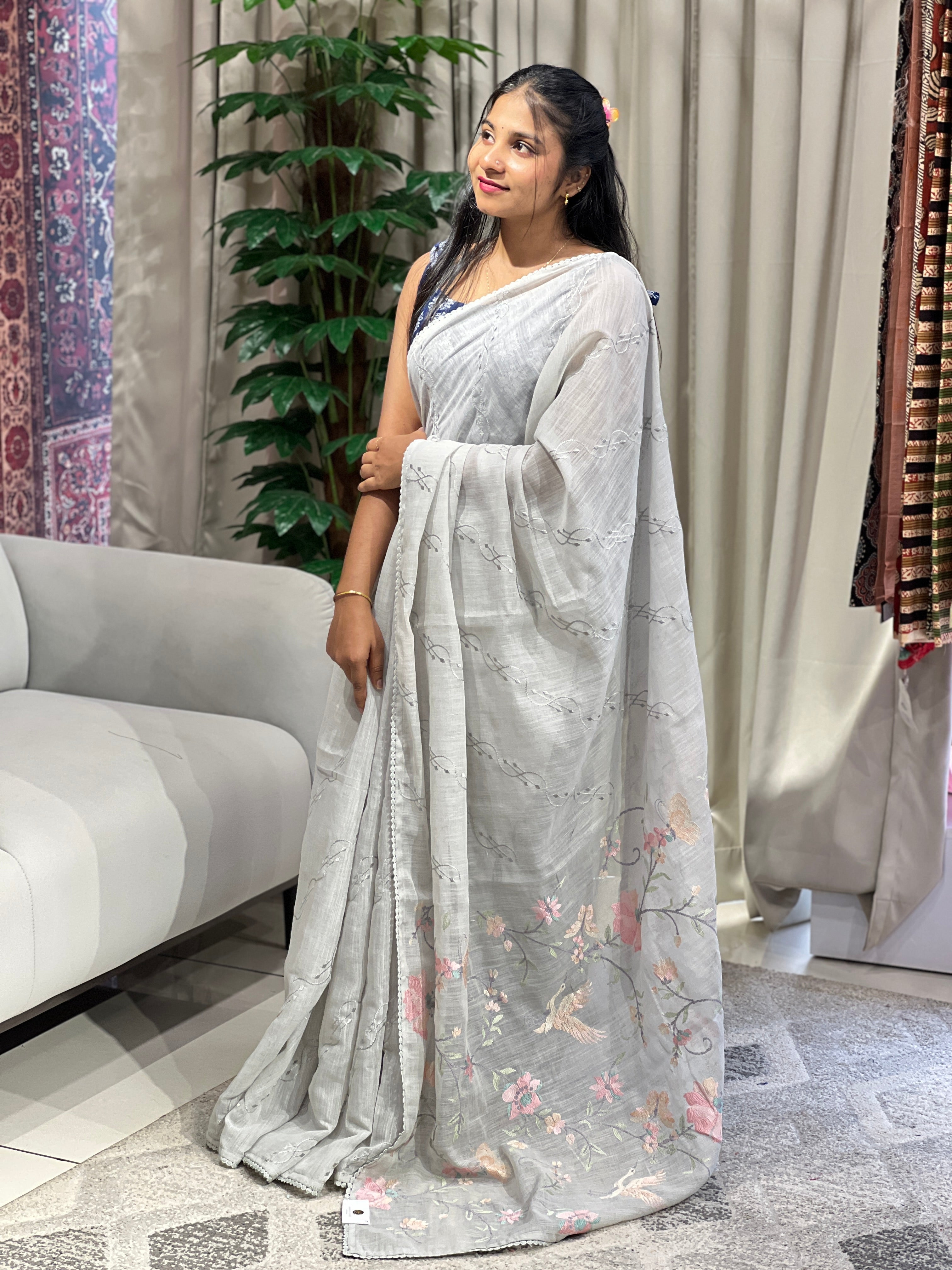 Machine Embroidery Detailed Linen Cotton Saree | BLD1504