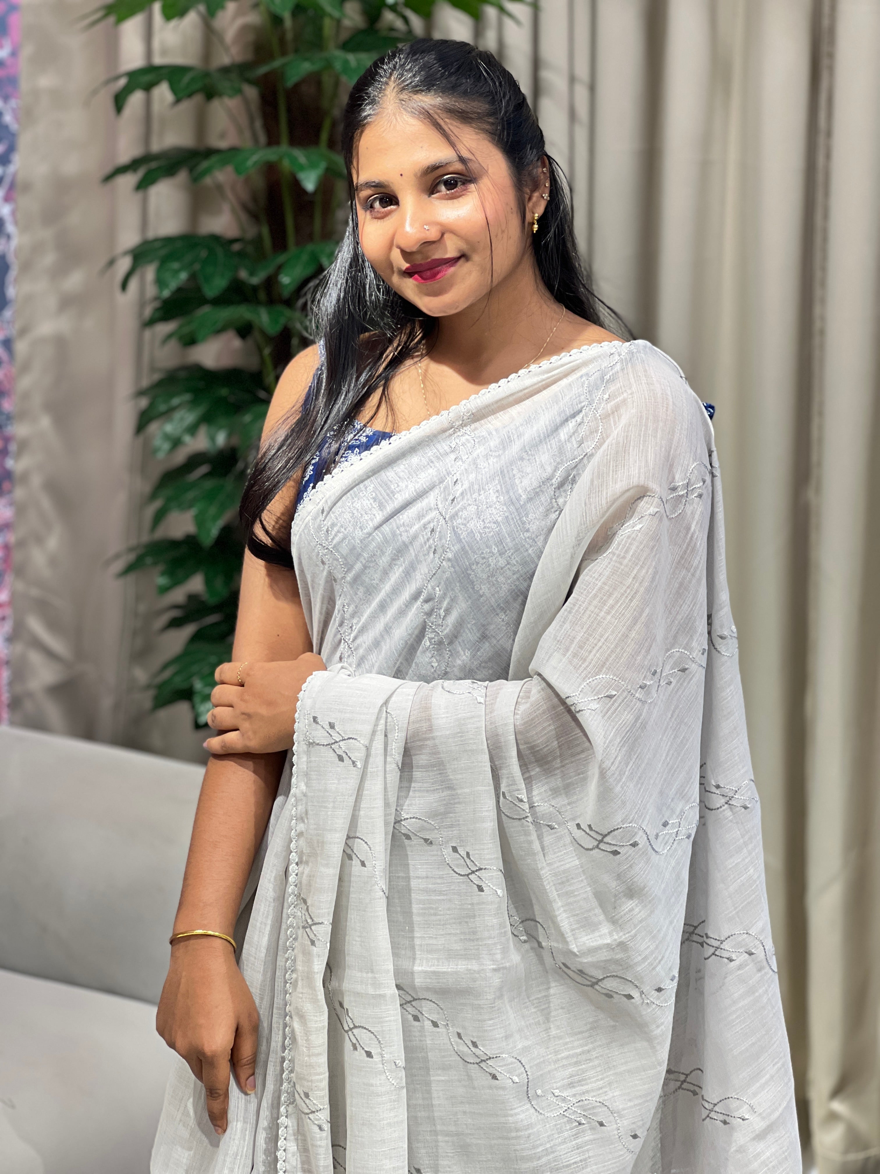 Machine Embroidery Detailed Linen Cotton Saree | BLD1504
