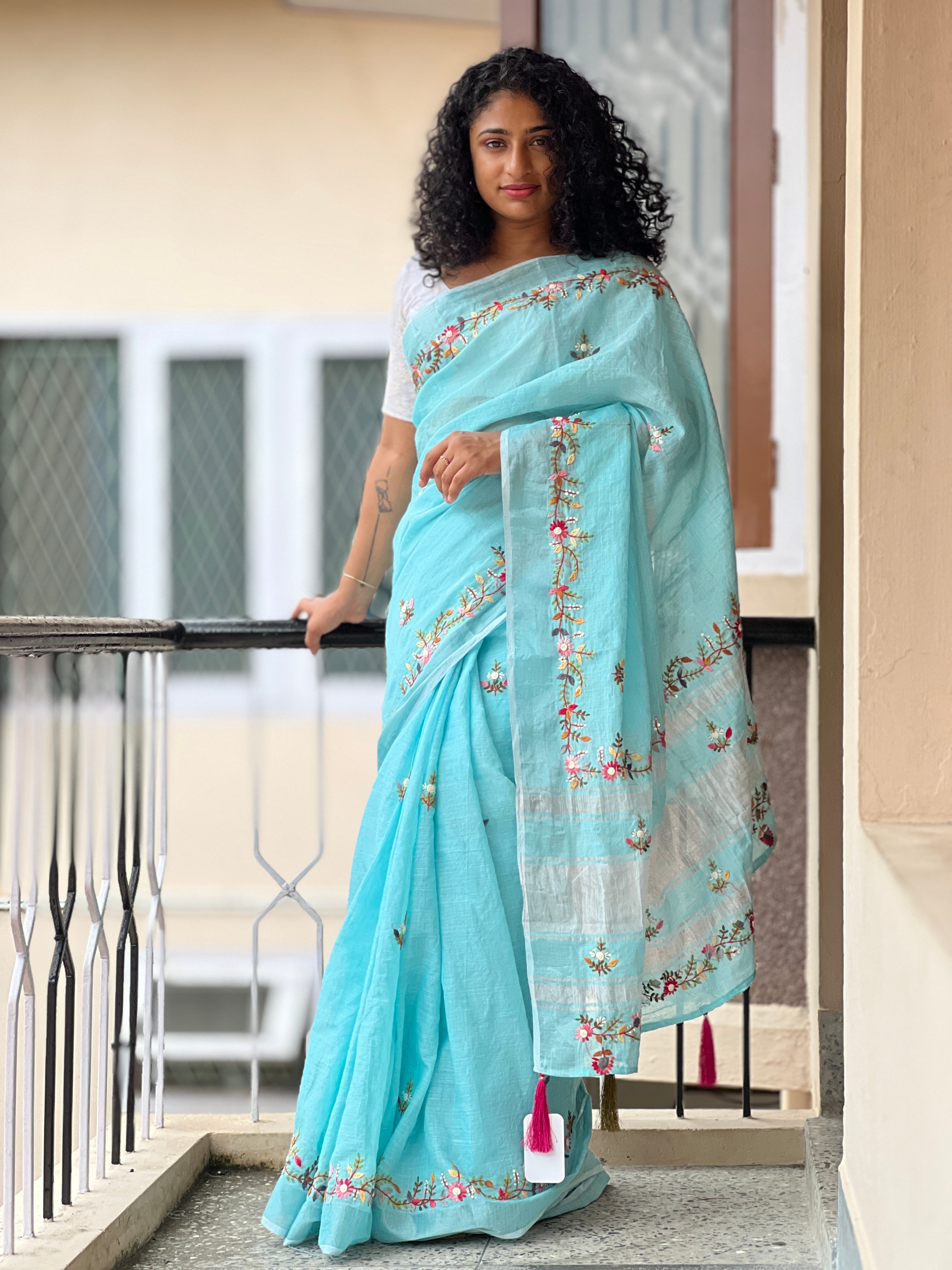 Floral Hand Embroidery Pattern & Silver Zari Border Bhagalpuri Linen Saree | RP375