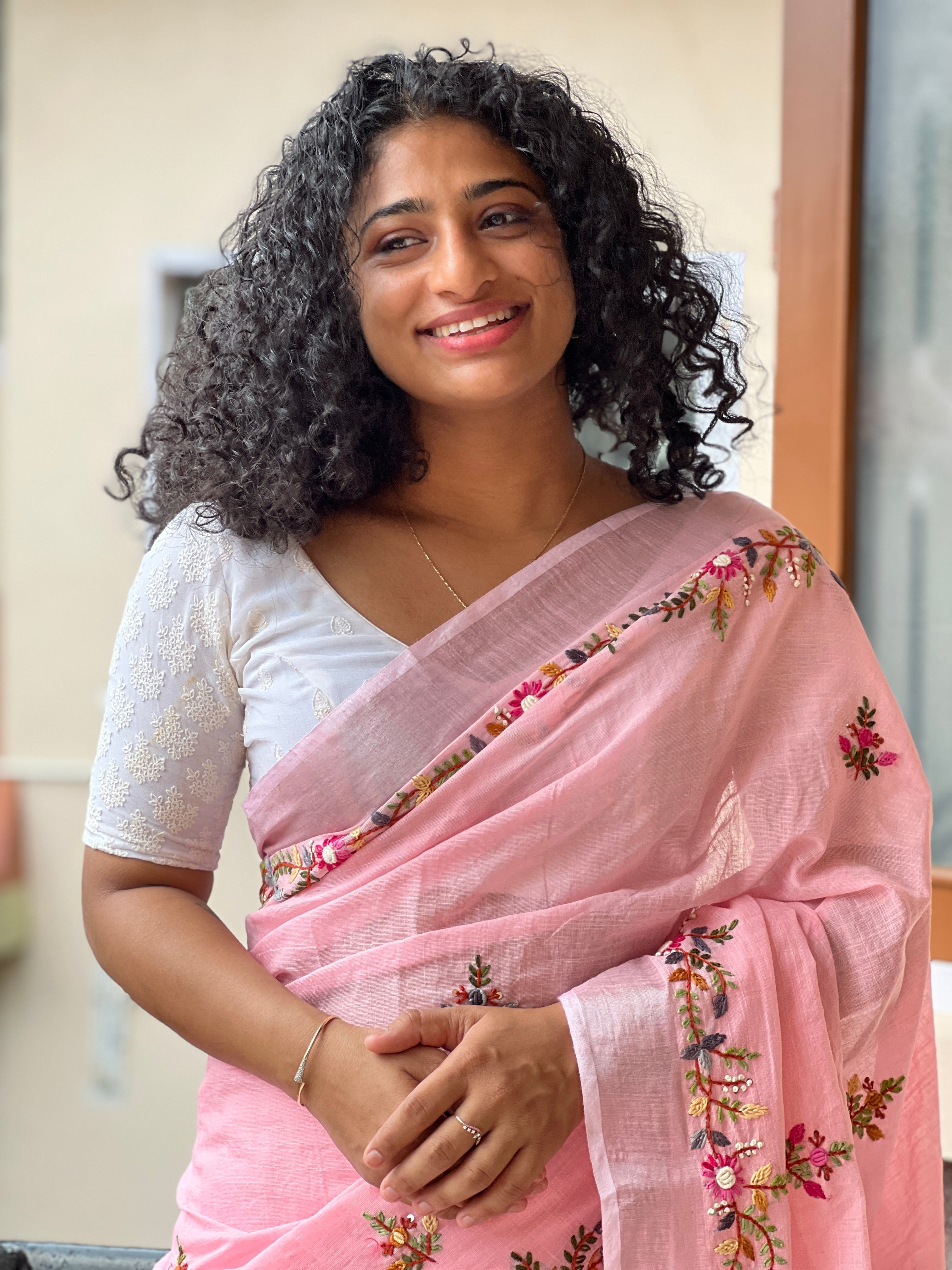 Floral Hand Embroidery Pattern & Silver Zari Border Bhagalpuri Linen Saree | RP375