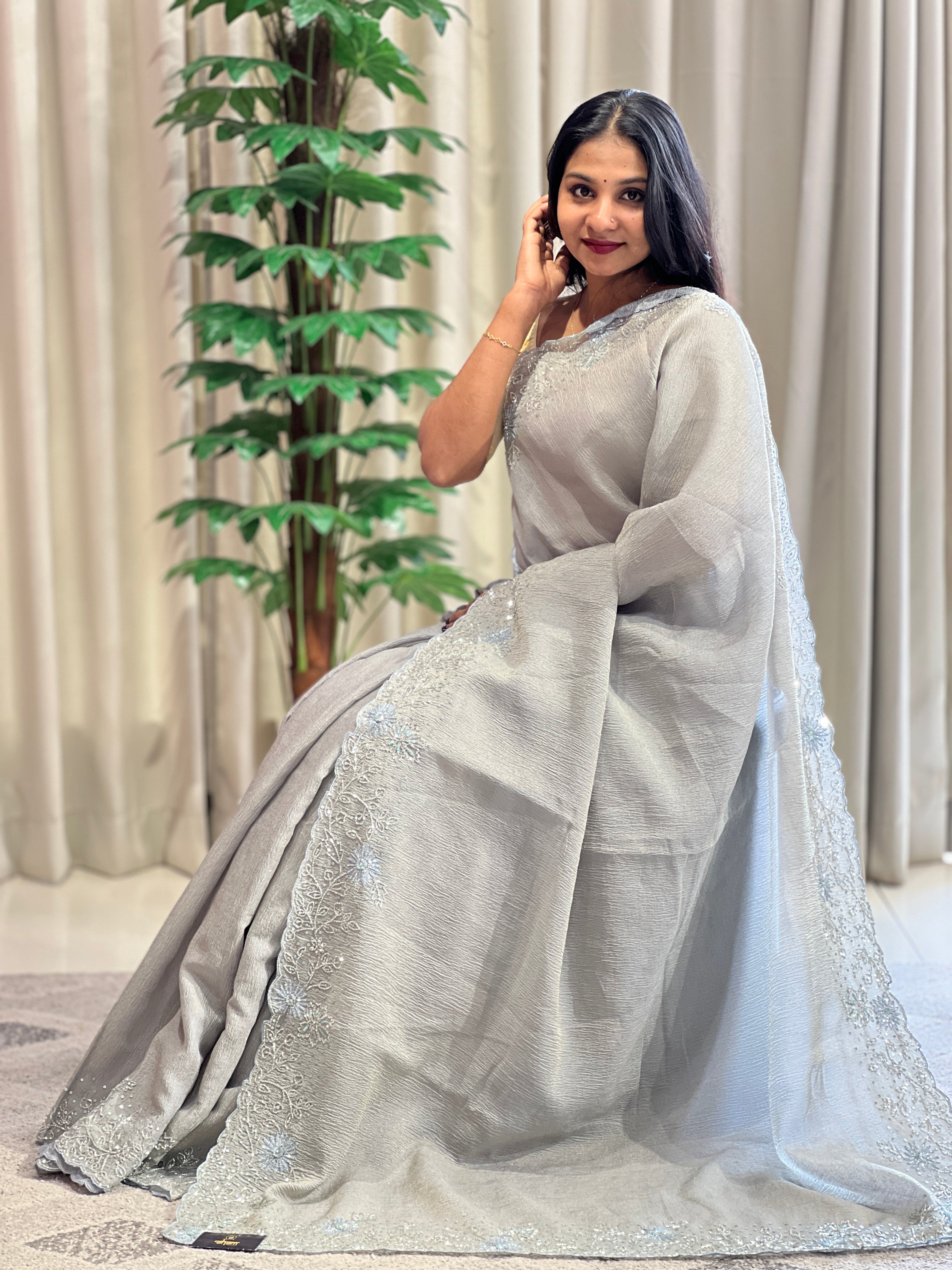 Party Wear Shimmer Crushed Organza Saree | SBP991