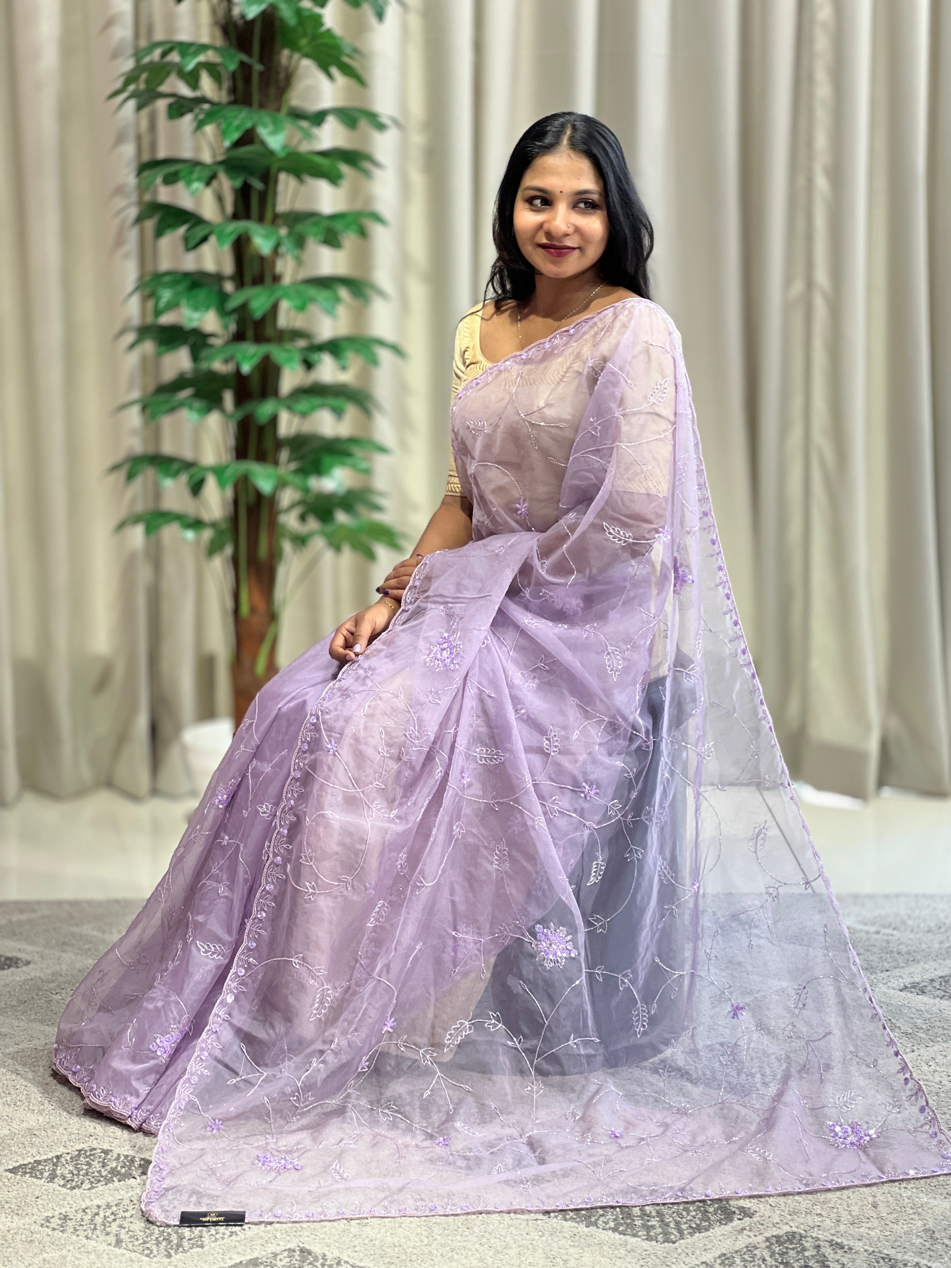 Sequence & Cut Beads Worked Organza Saree | SBP997