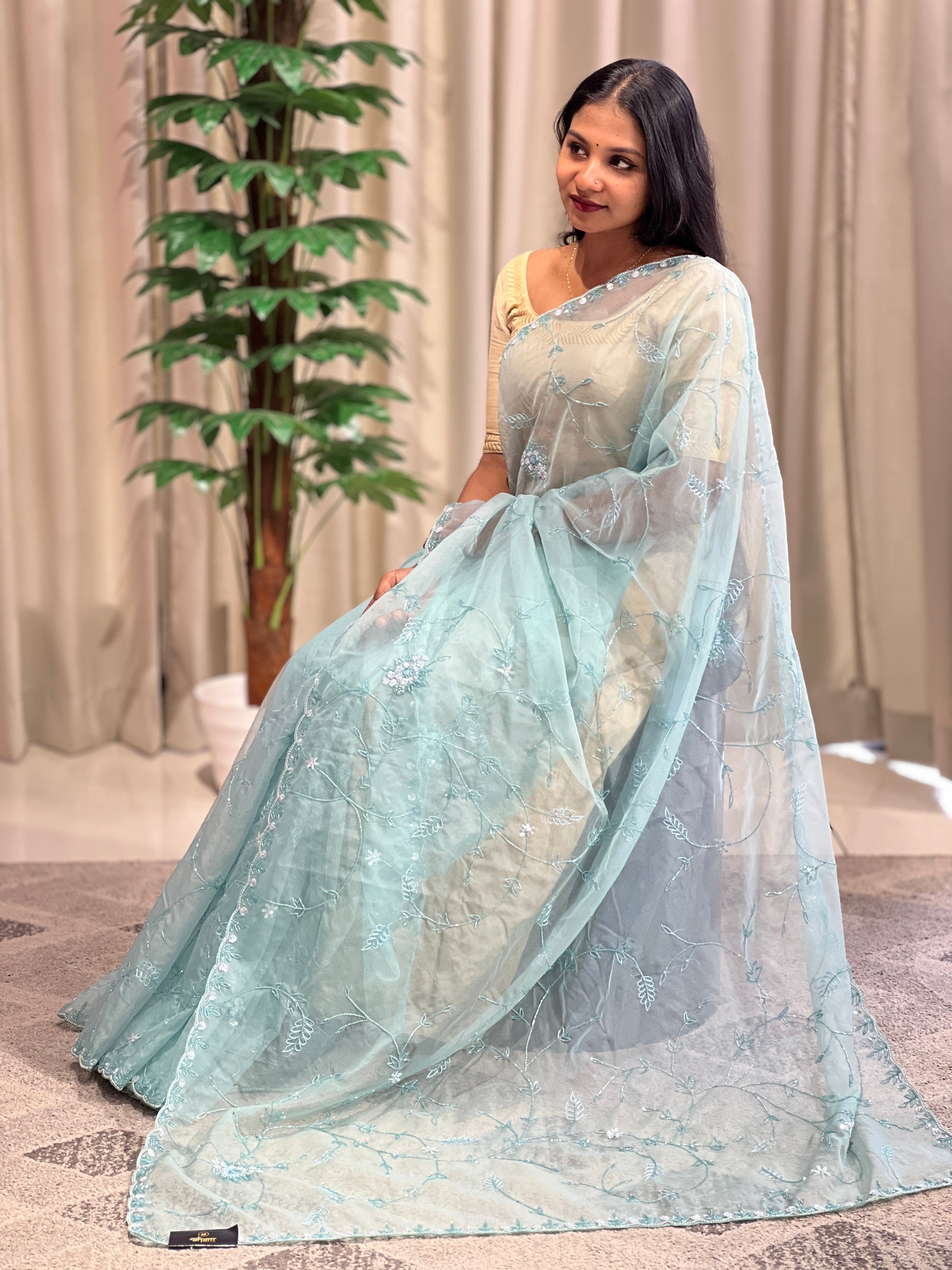 Sequence & Cut Beads Worked Organza Saree | SBP996