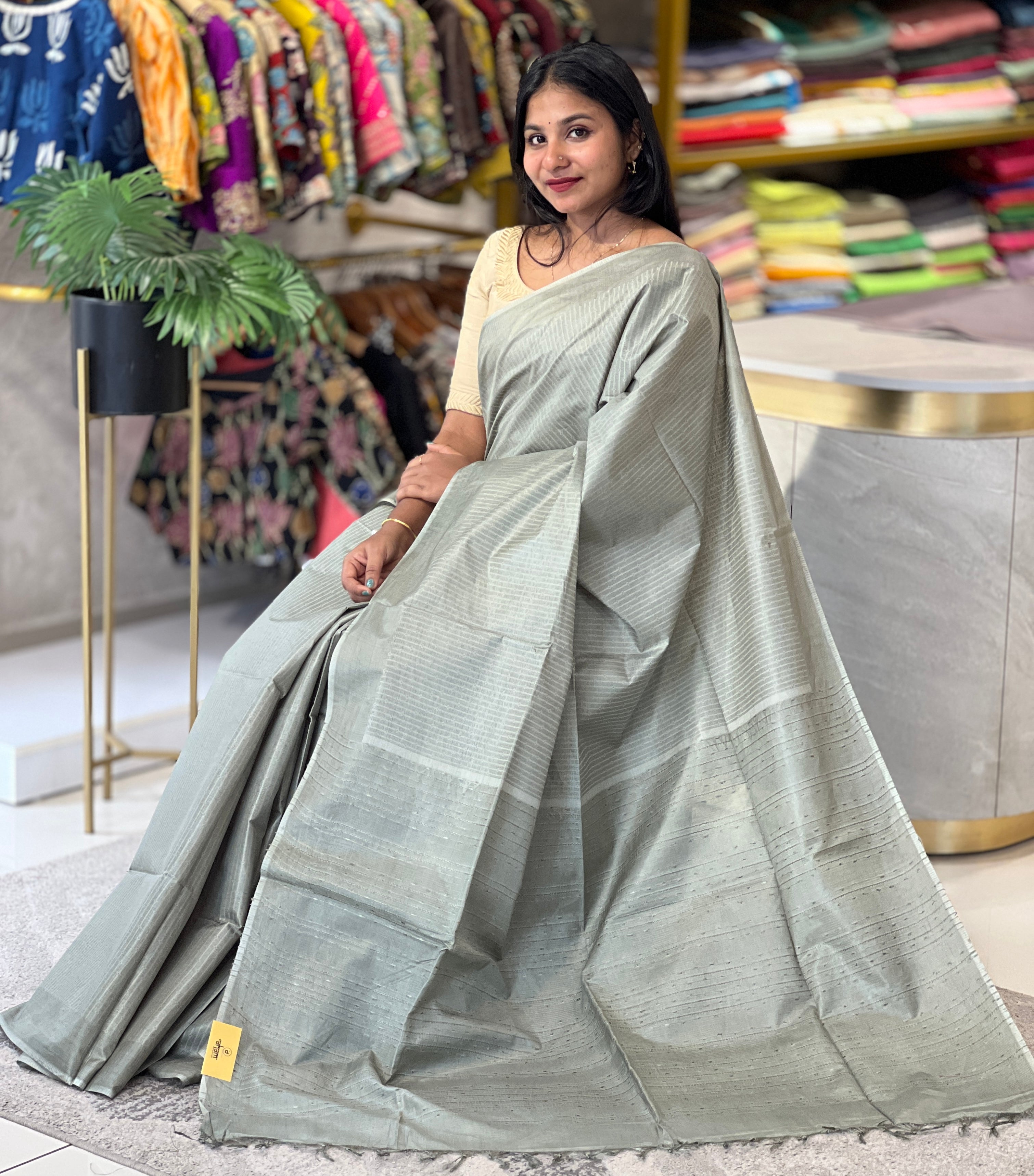 Thread Weaving Stripes Patterned Semi Tussar Saree | PNS129