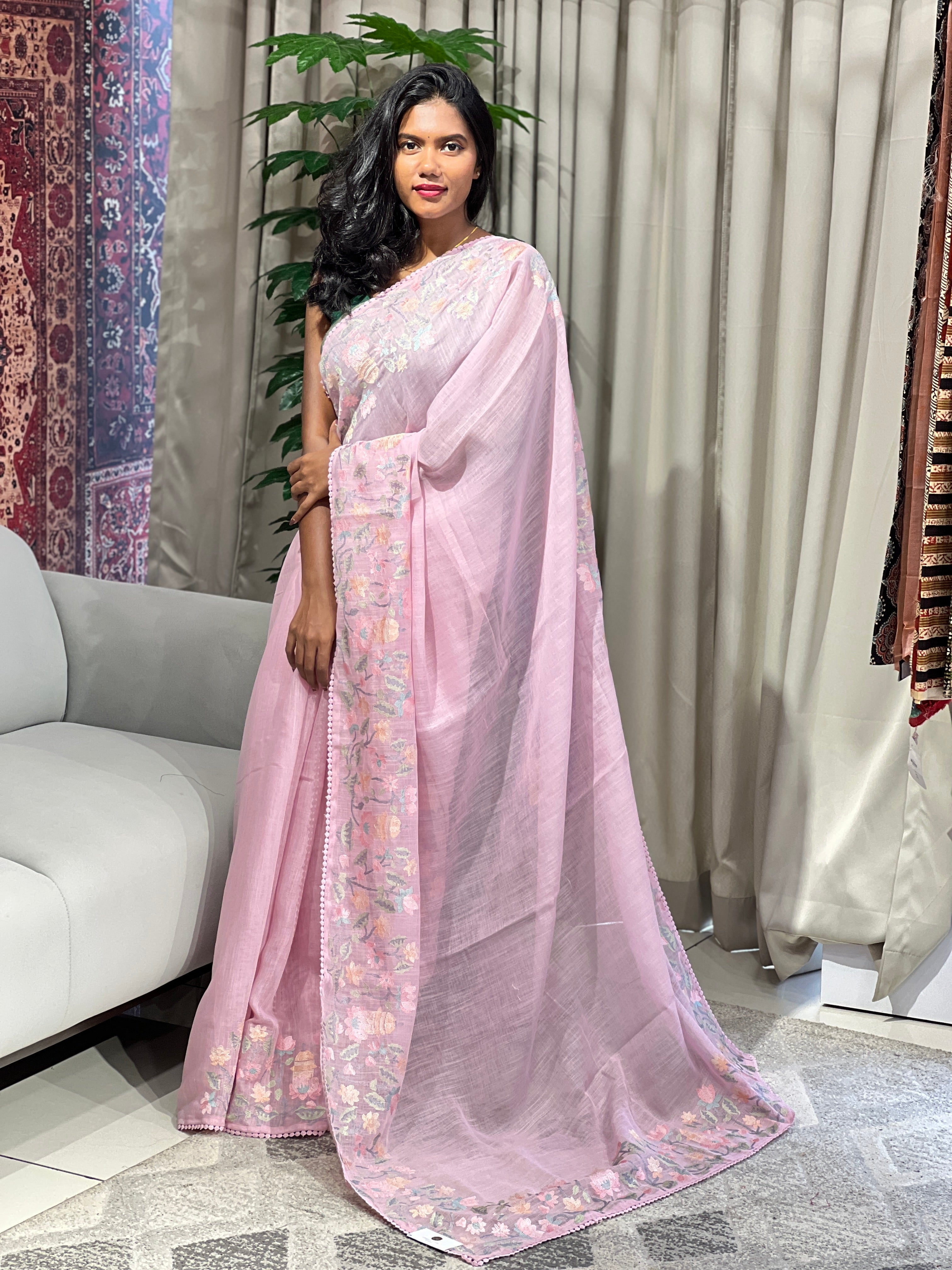 Floral Embroidery Detailed Linen Cotton Saree | BLD1496