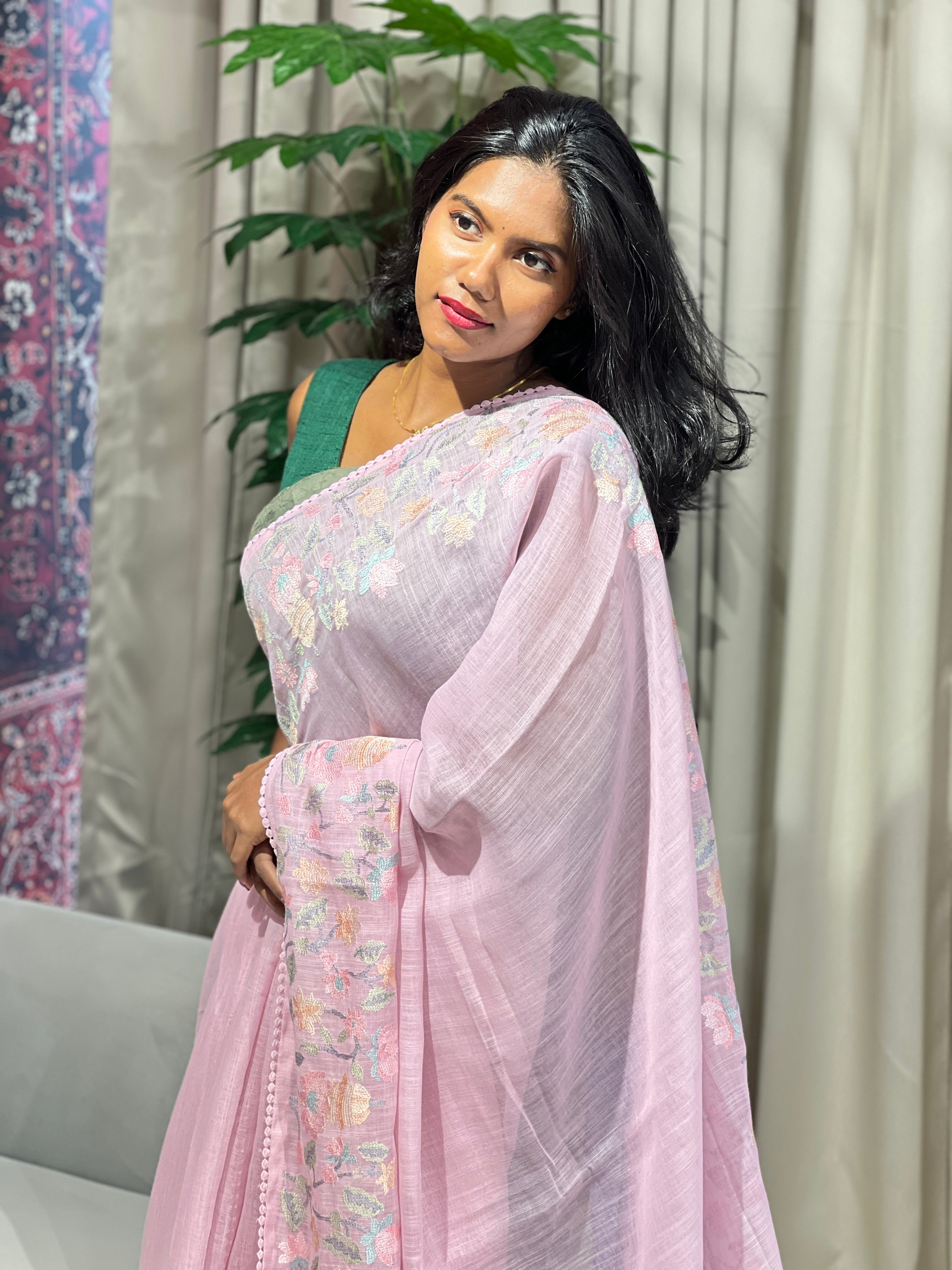 Floral Embroidery Detailed Linen Cotton Saree | BLD1496