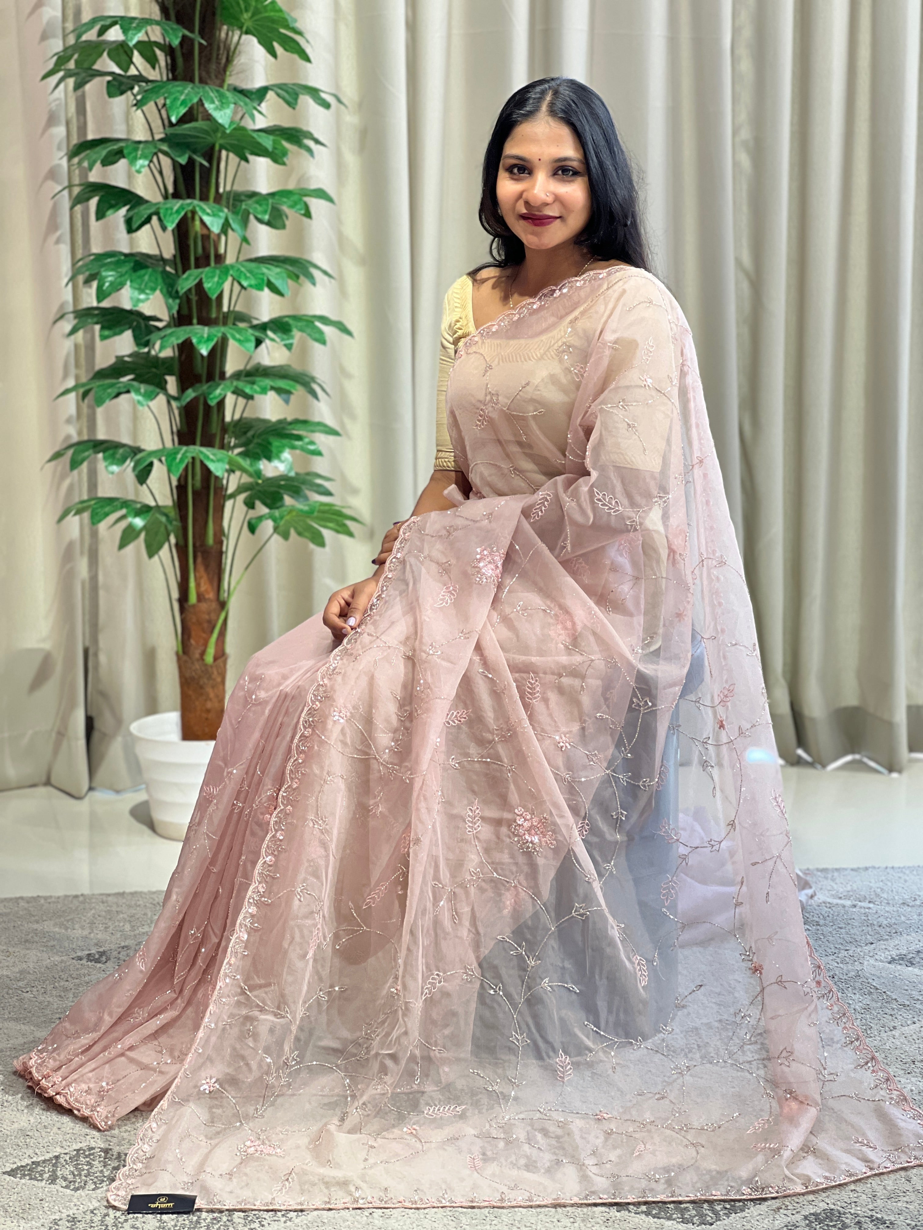 Sequence & Cut Beads Worked Organza Saree | SBP998