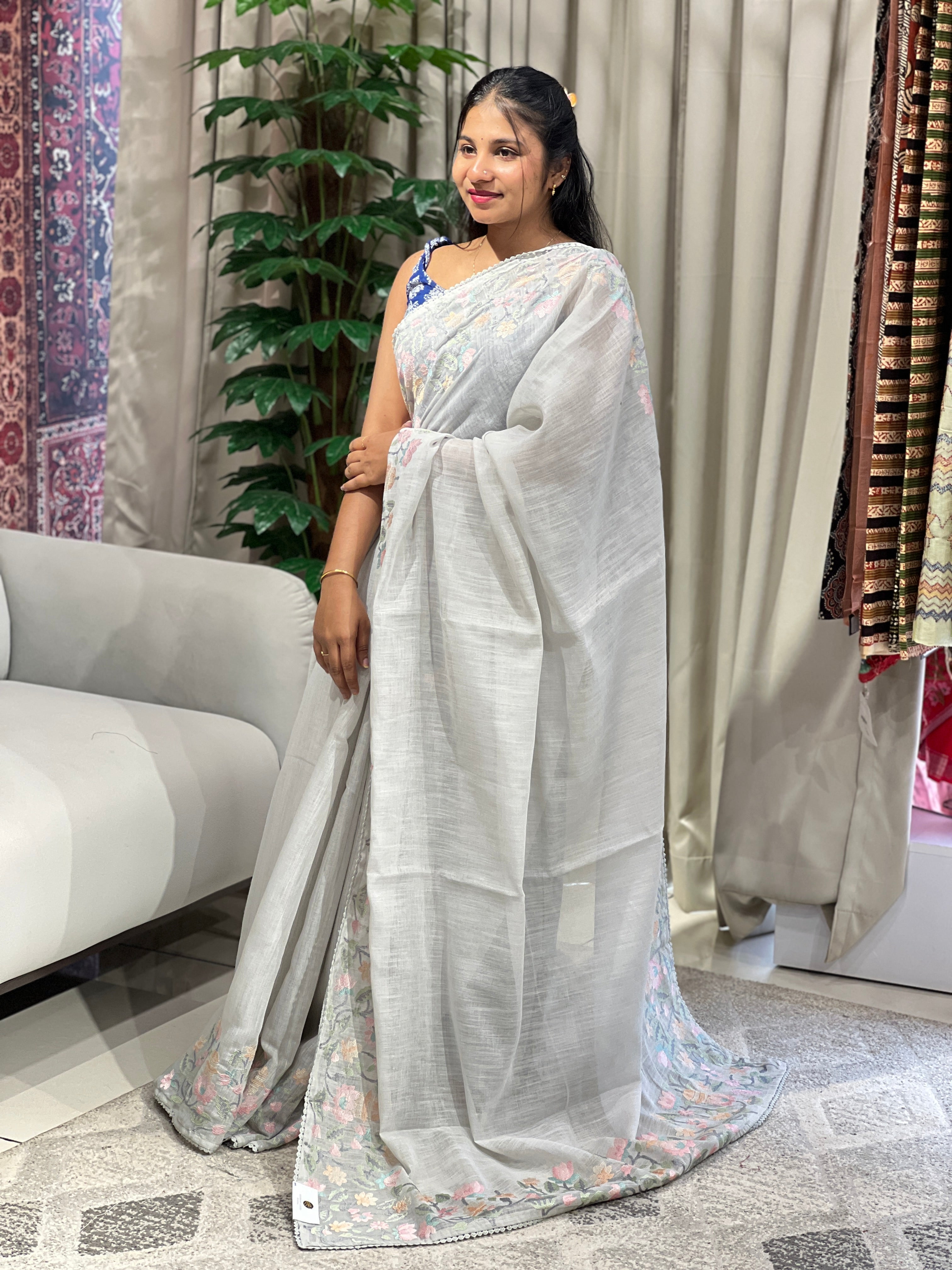 Floral Embroidery Detailed Linen Cotton Saree | BLD1500