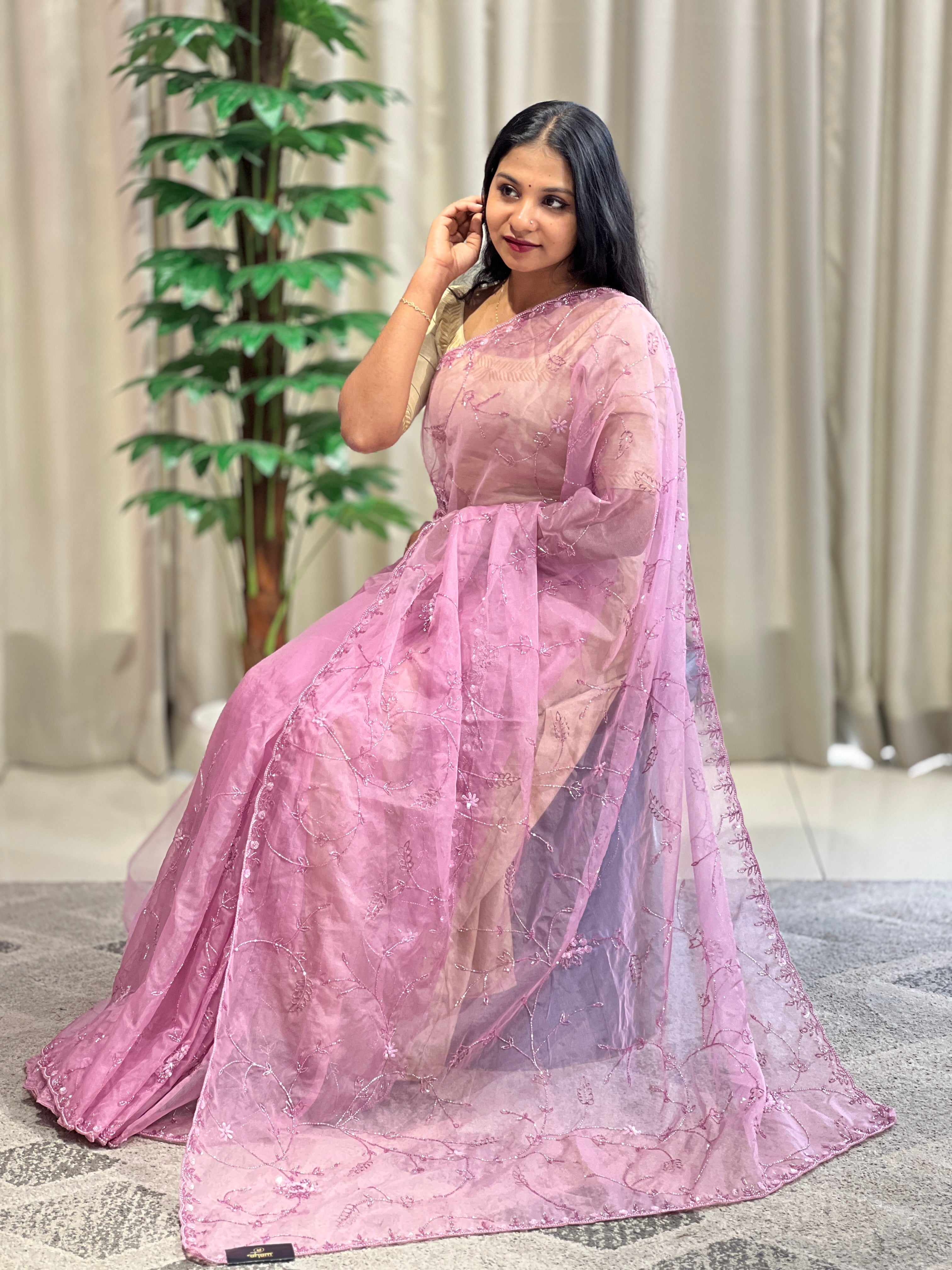 Sequence & Cut Beads Worked Organza Saree | SBP995