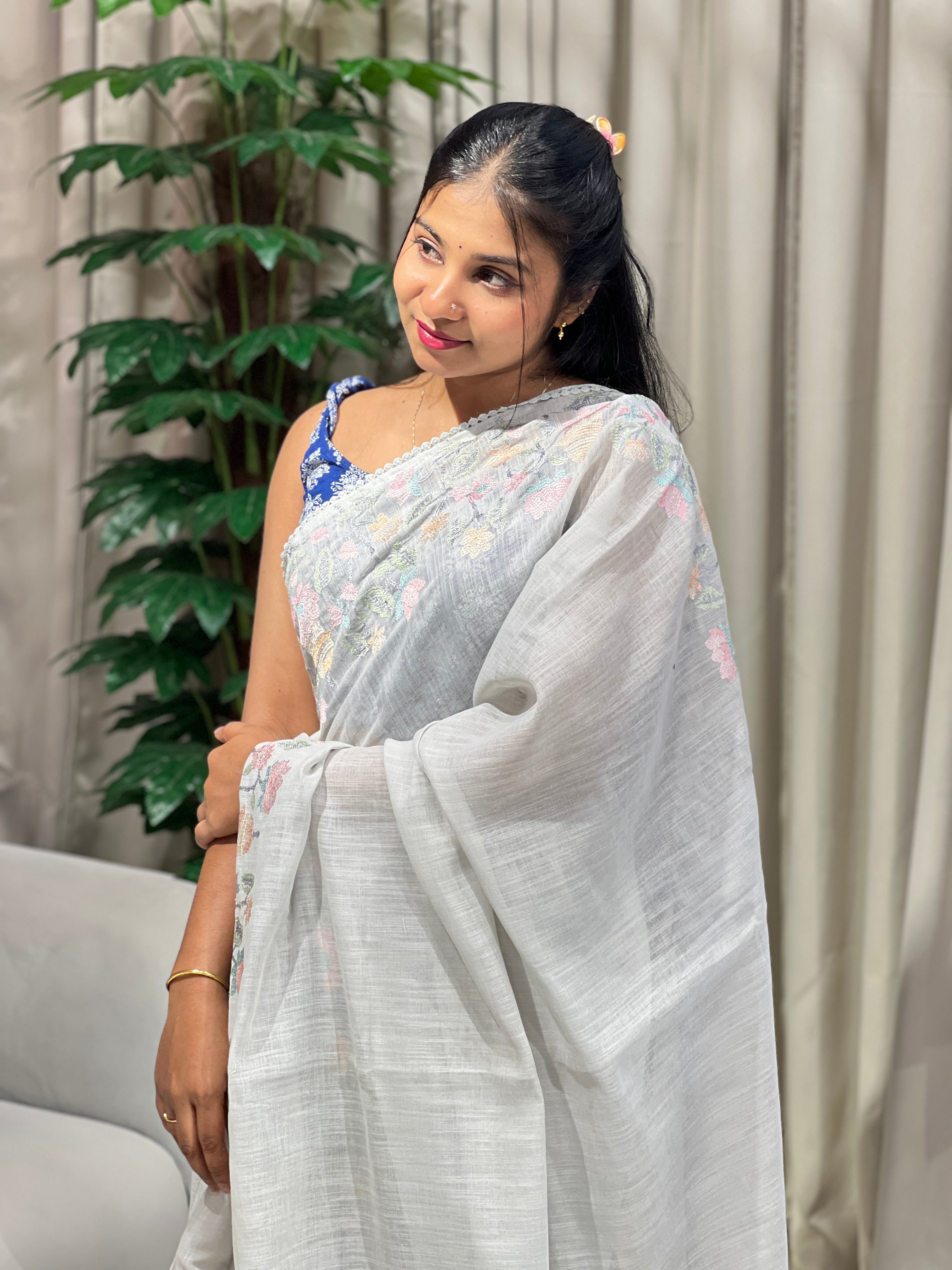 Floral Embroidery Detailed Linen Cotton Saree | BLD1500