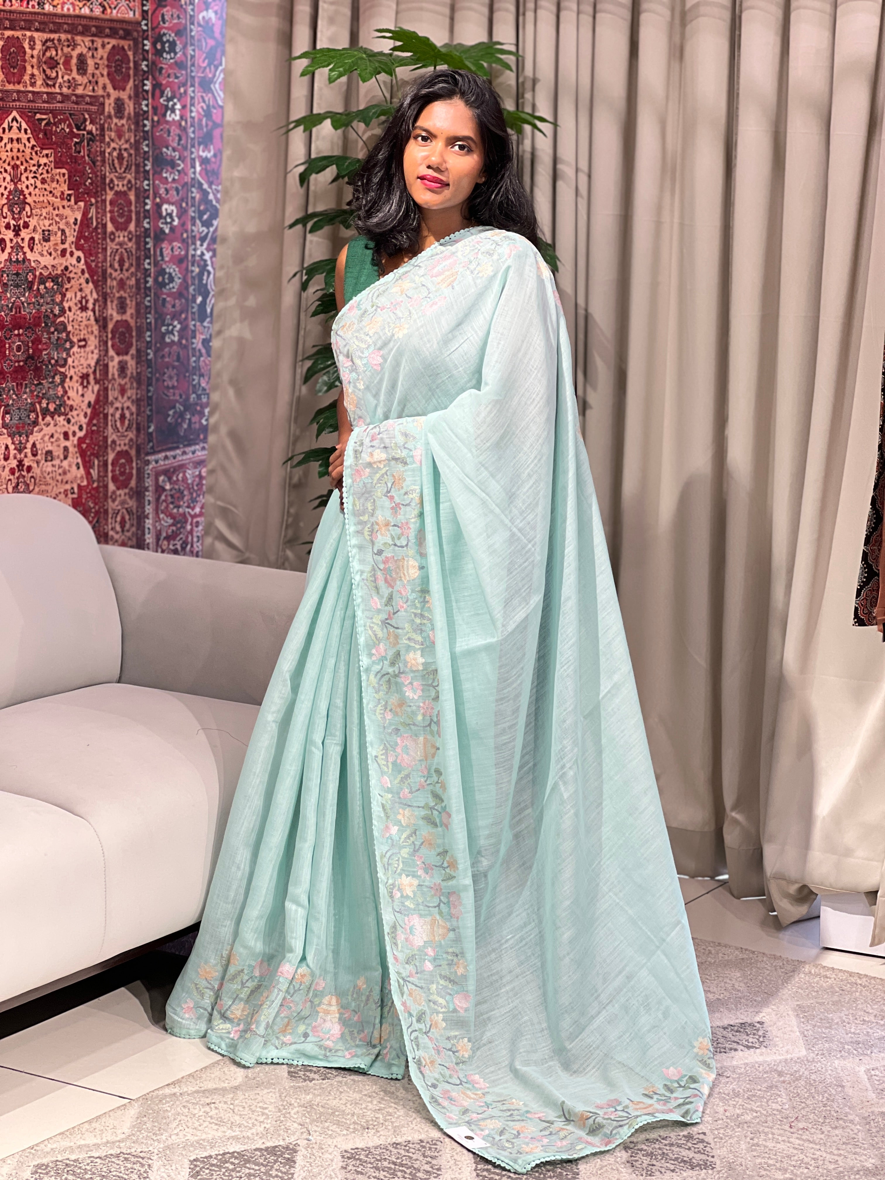 Floral Embroidery Detailed Linen Cotton Saree | BLD1497