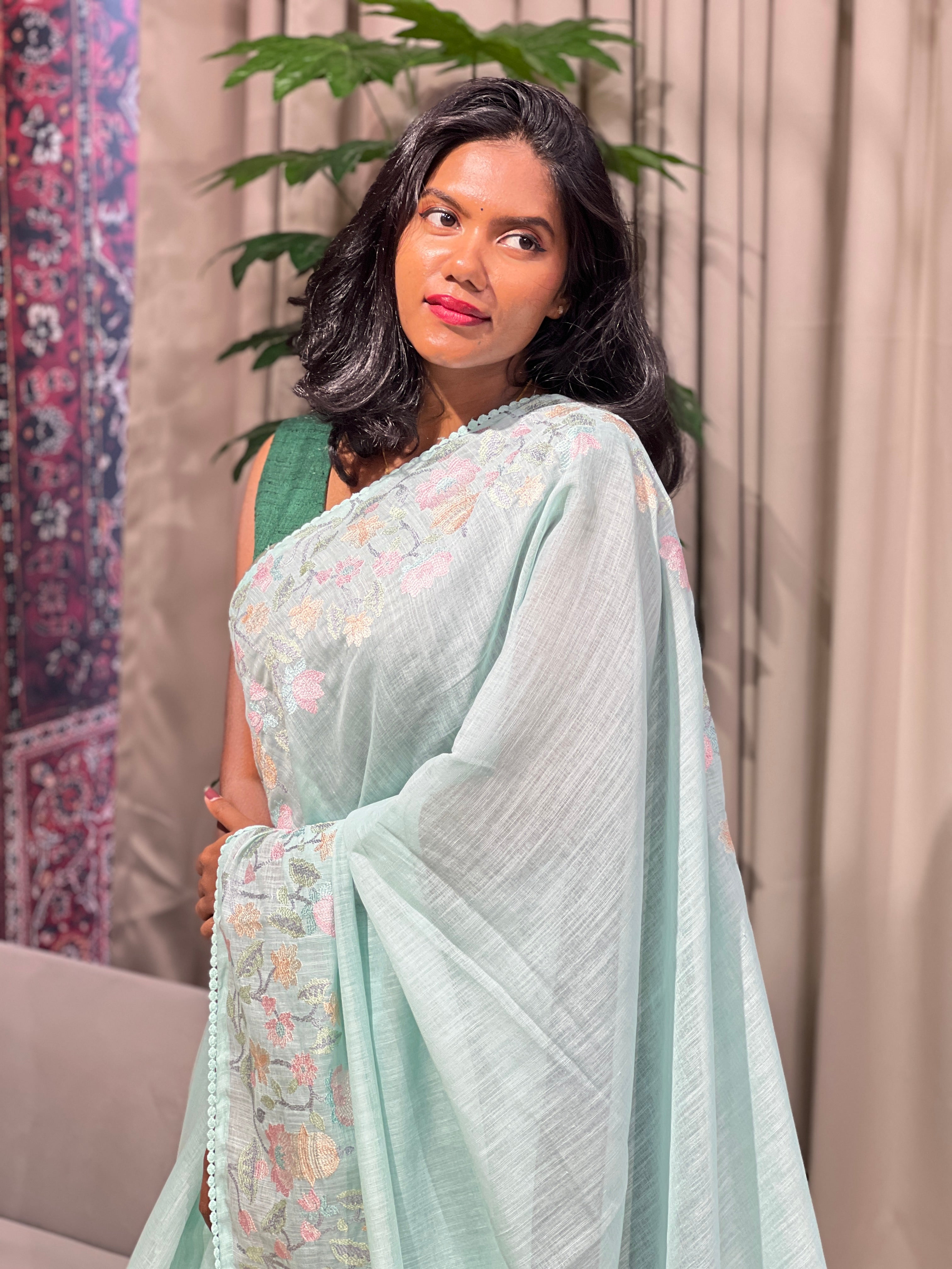 Floral Embroidery Detailed Linen Cotton Saree | BLD1497