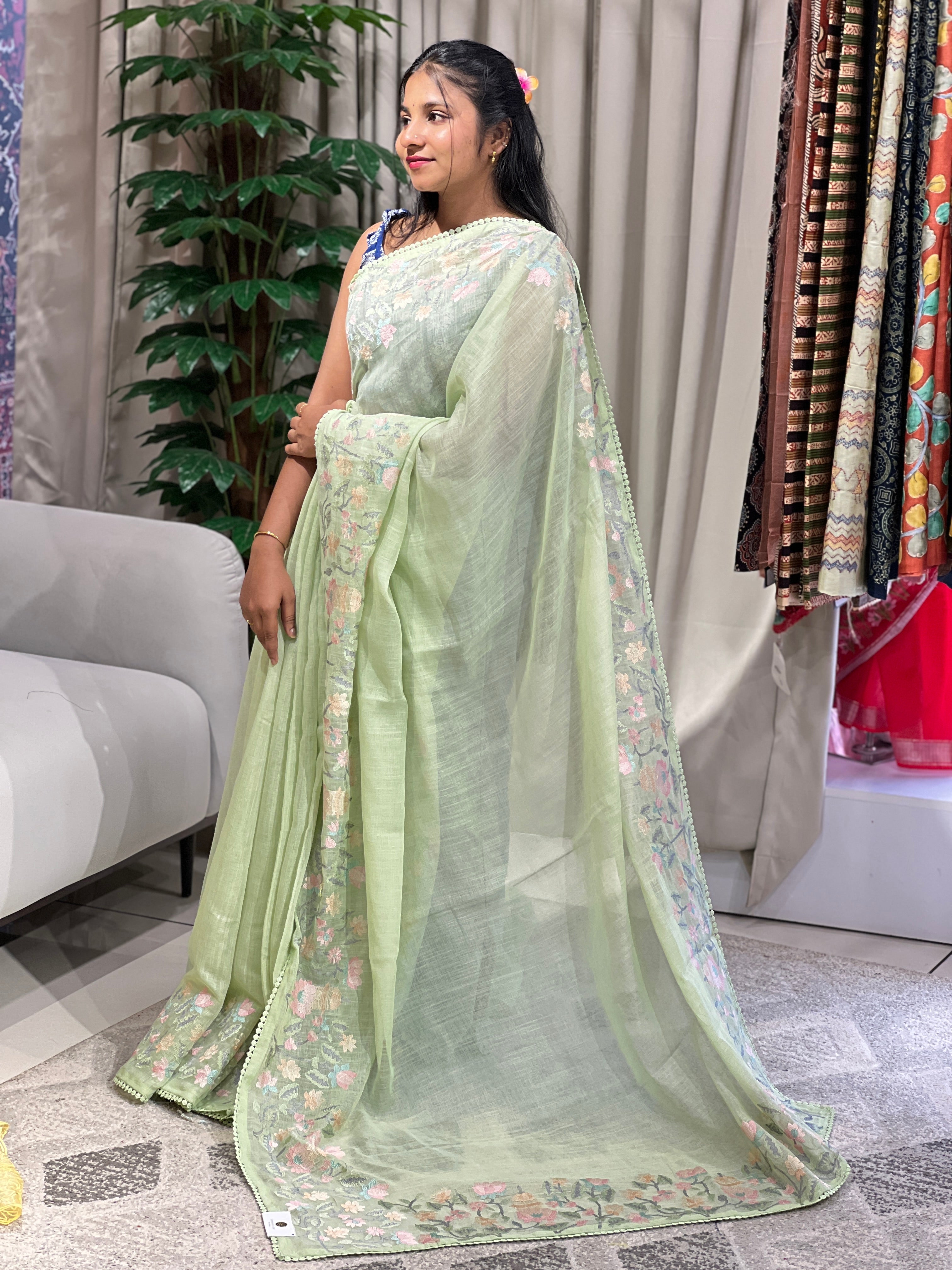 Floral Embroidery Detailed Linen Cotton Saree | BLD1495
