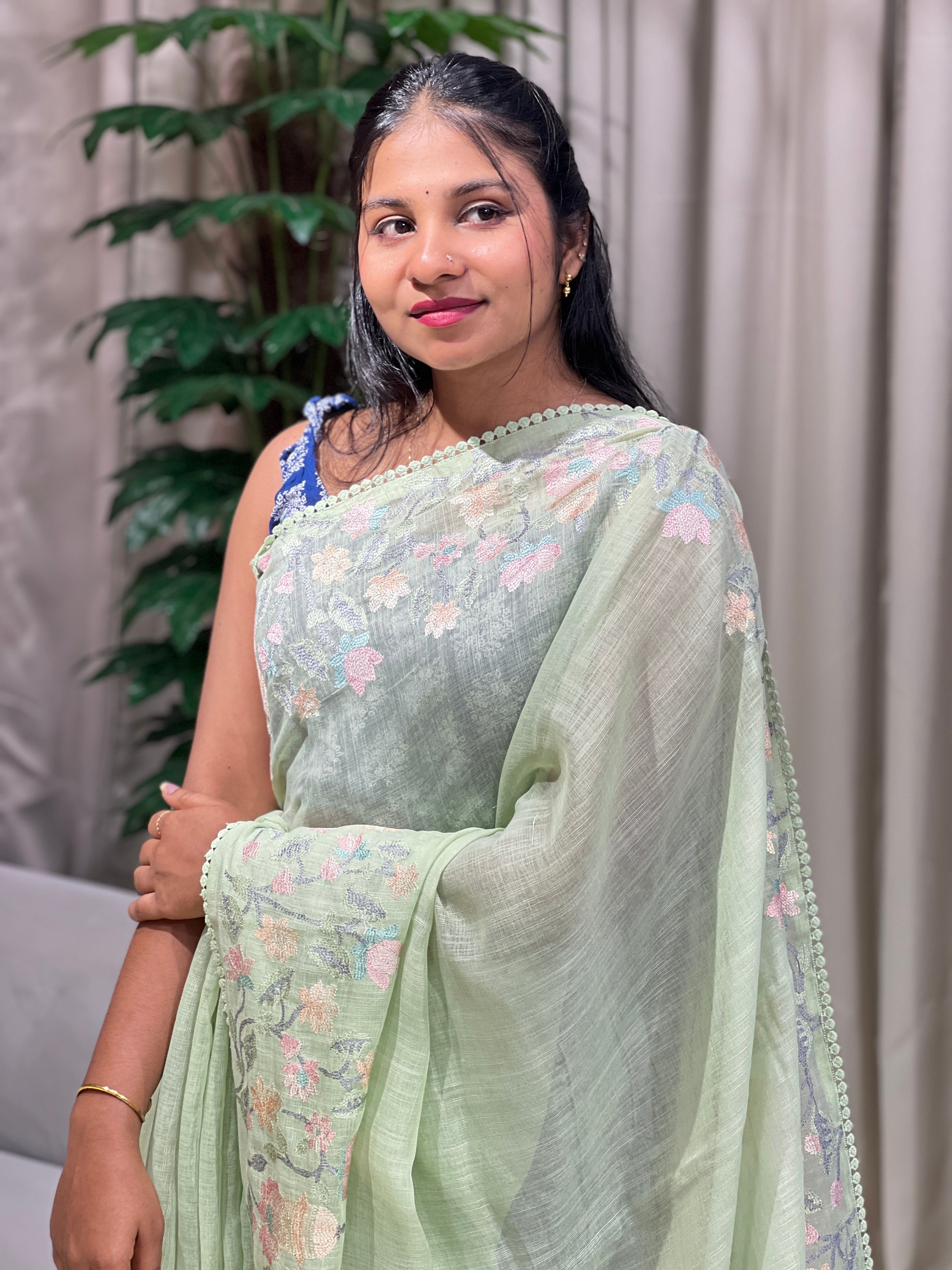 Floral Embroidery Detailed Linen Cotton Saree | BLD1495