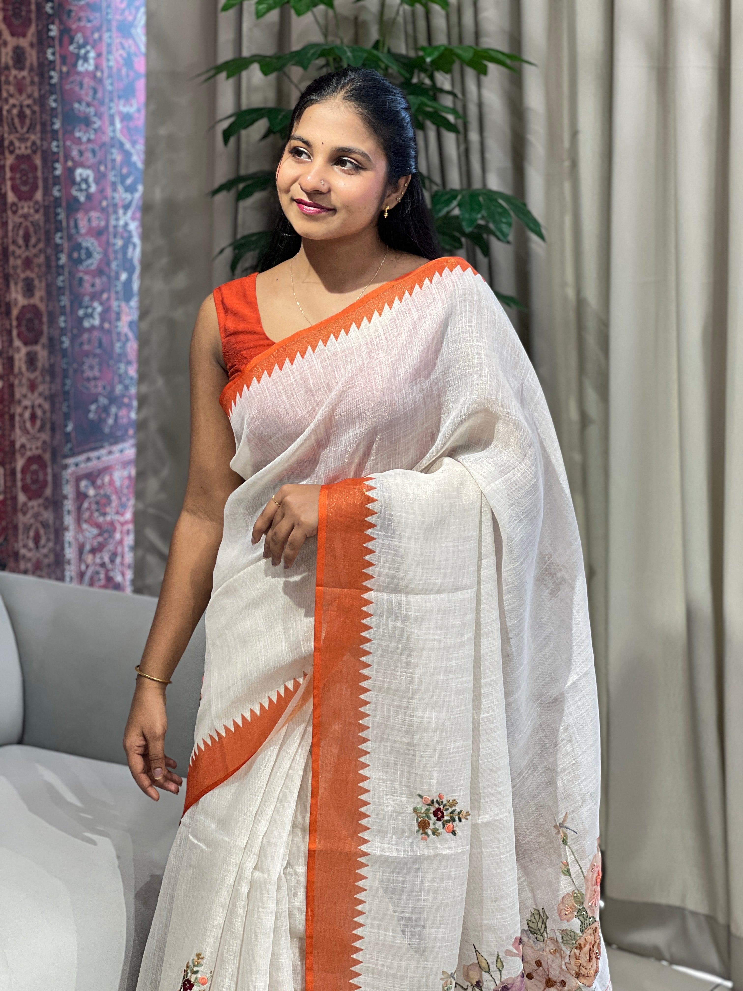 Print With Hand Embroidery Detailed Tissue Linen Saree | BLD1536