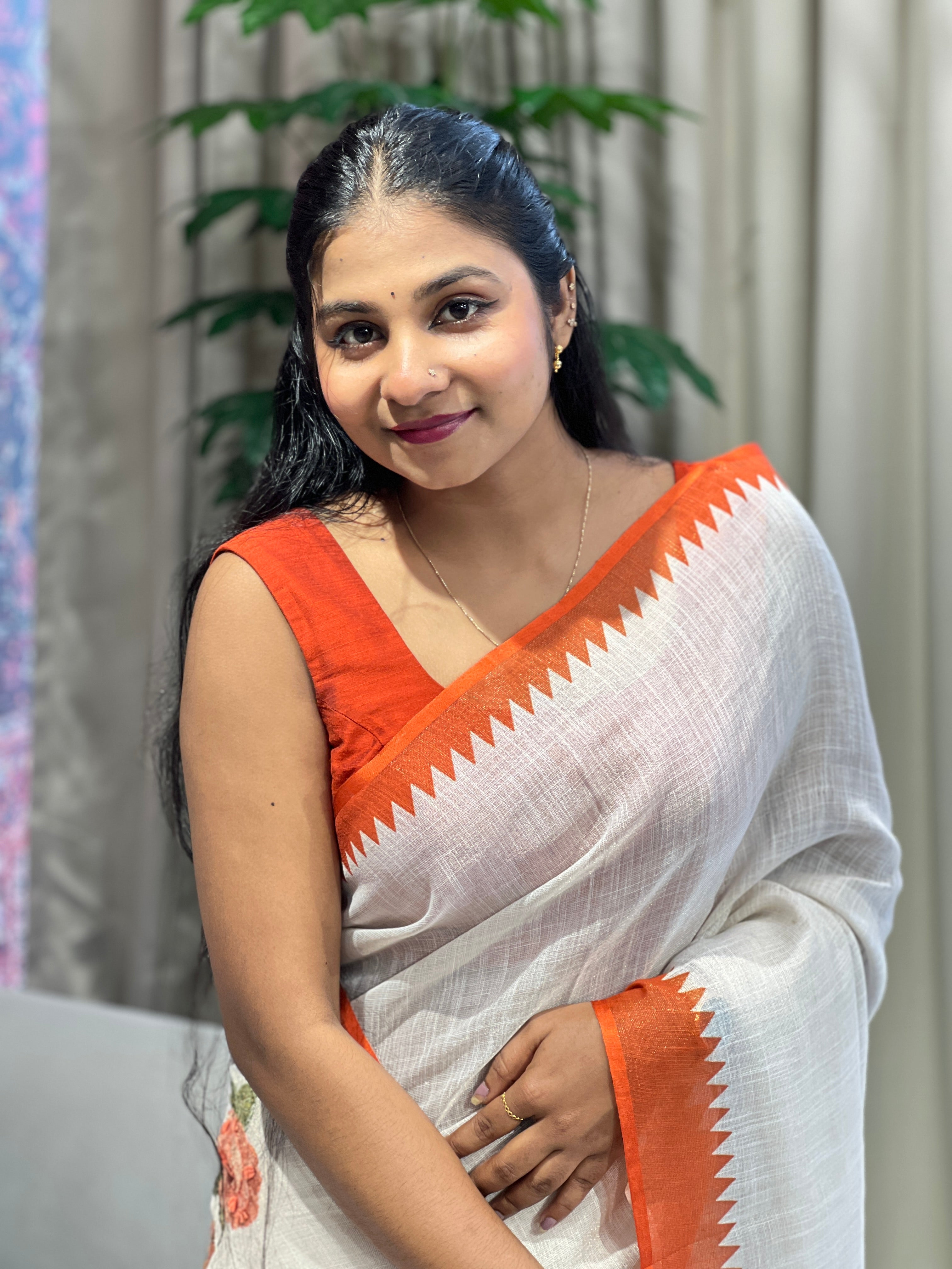 Print With Hand Embroidery Detailed Tissue Linen Saree | BLD1536