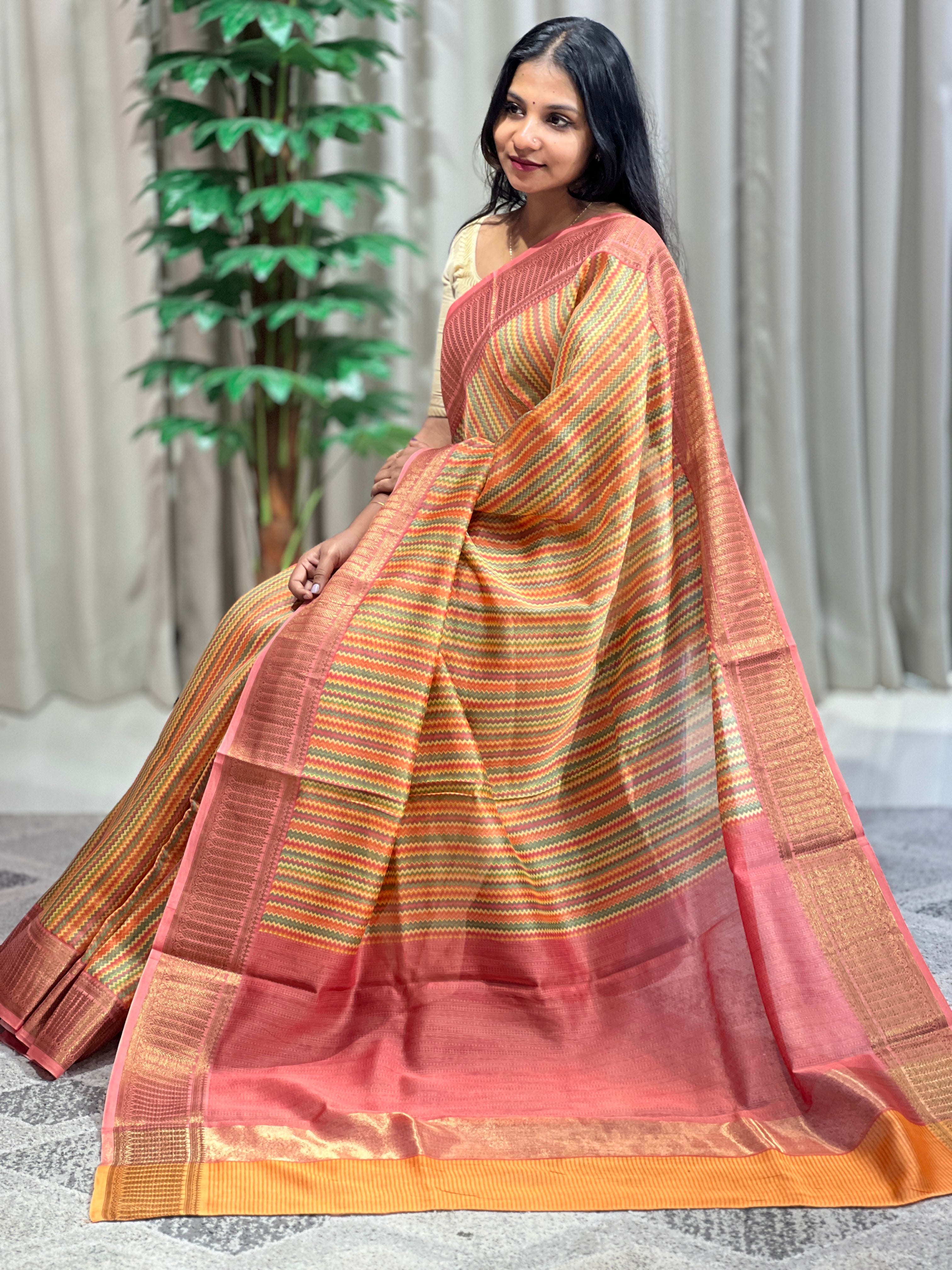 Zig Zag Print Patterned Chanderi Saree | RGD171
