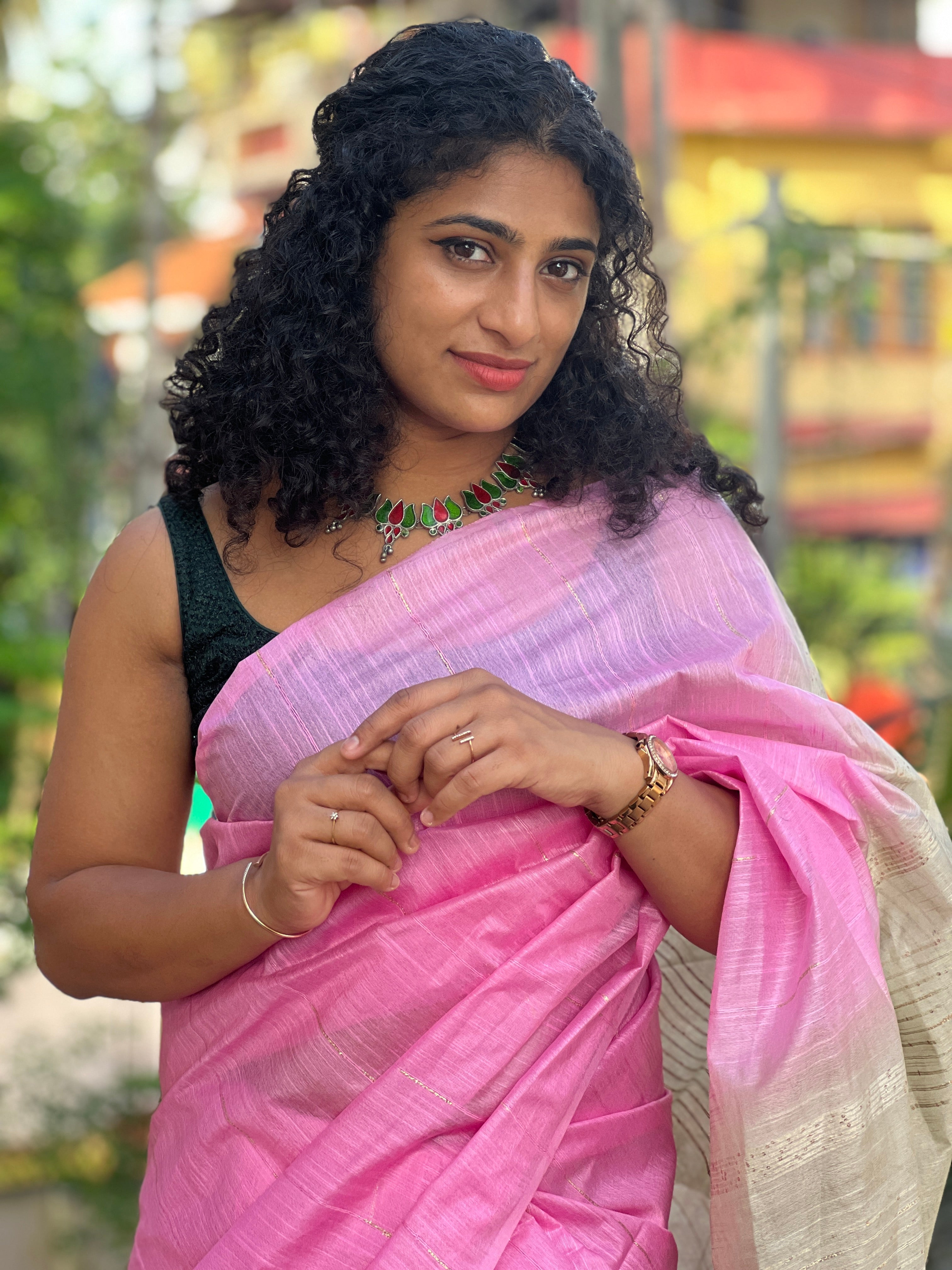 Sequence Weaving Pattern & Lurex Golden Yarns Bhagalpuri Linen Saree | DLS177