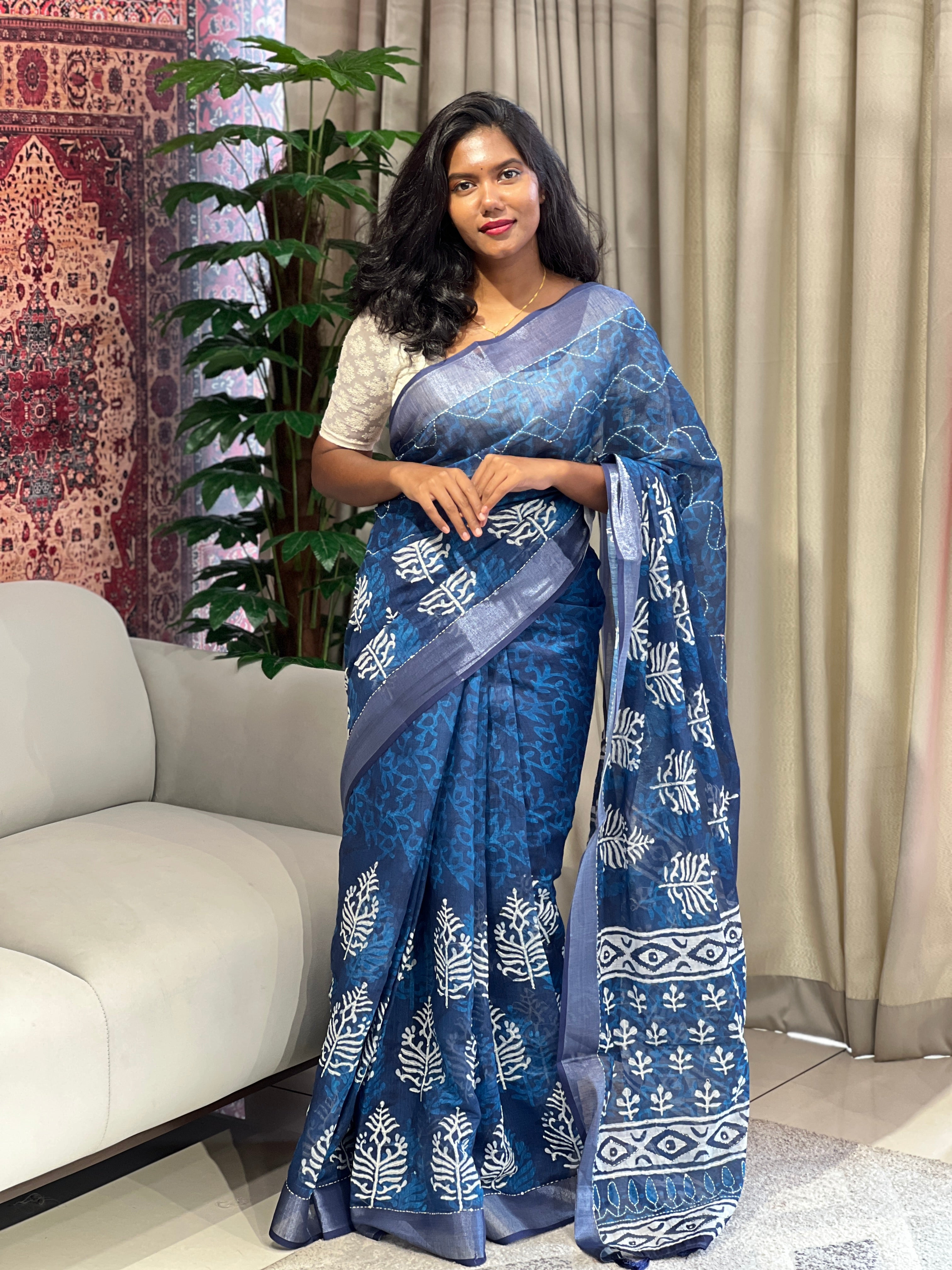 Batik Printed Linen Cotton Saree | BLD1573