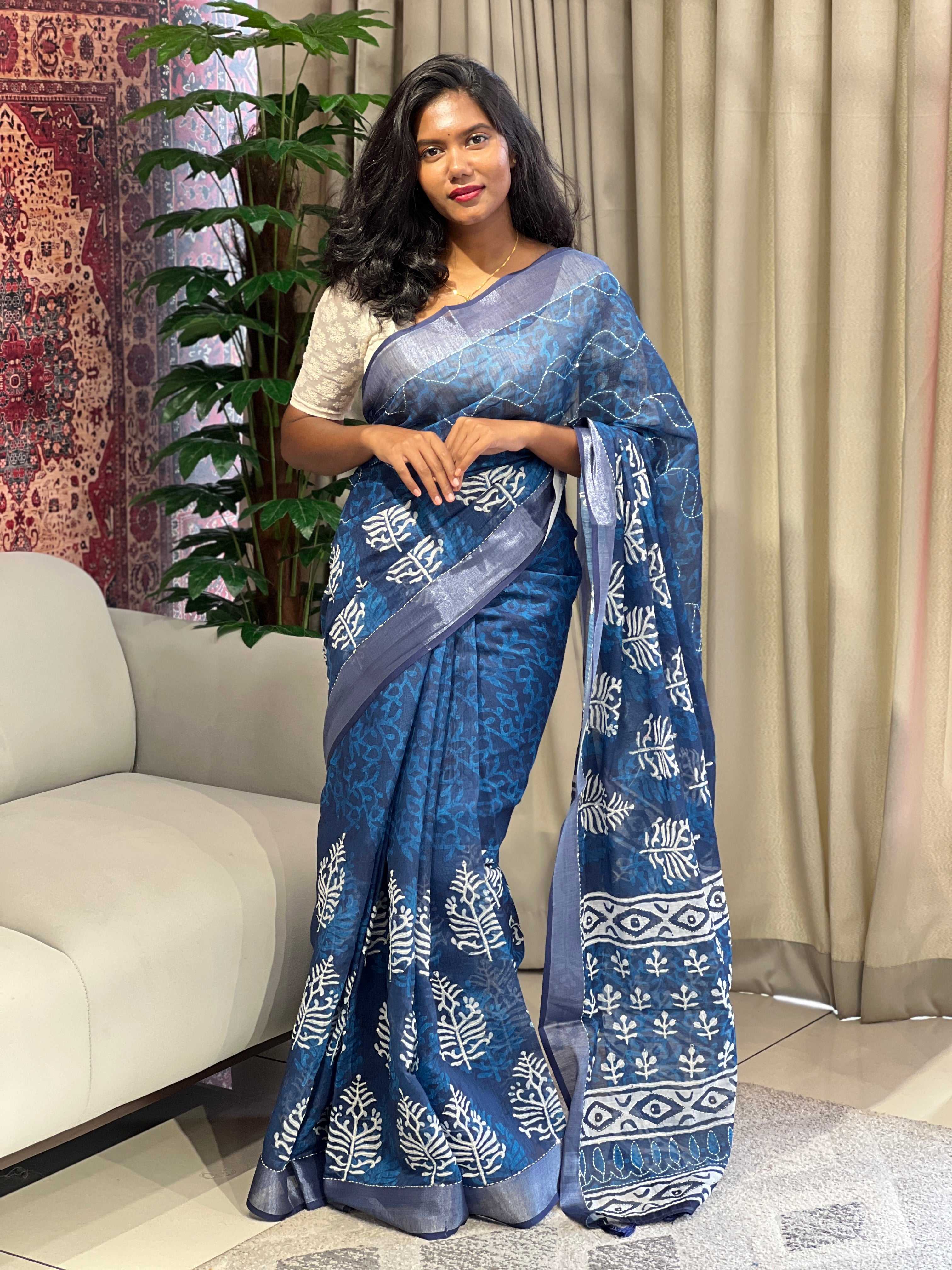Batik Printed Linen Cotton Saree | BLD1573