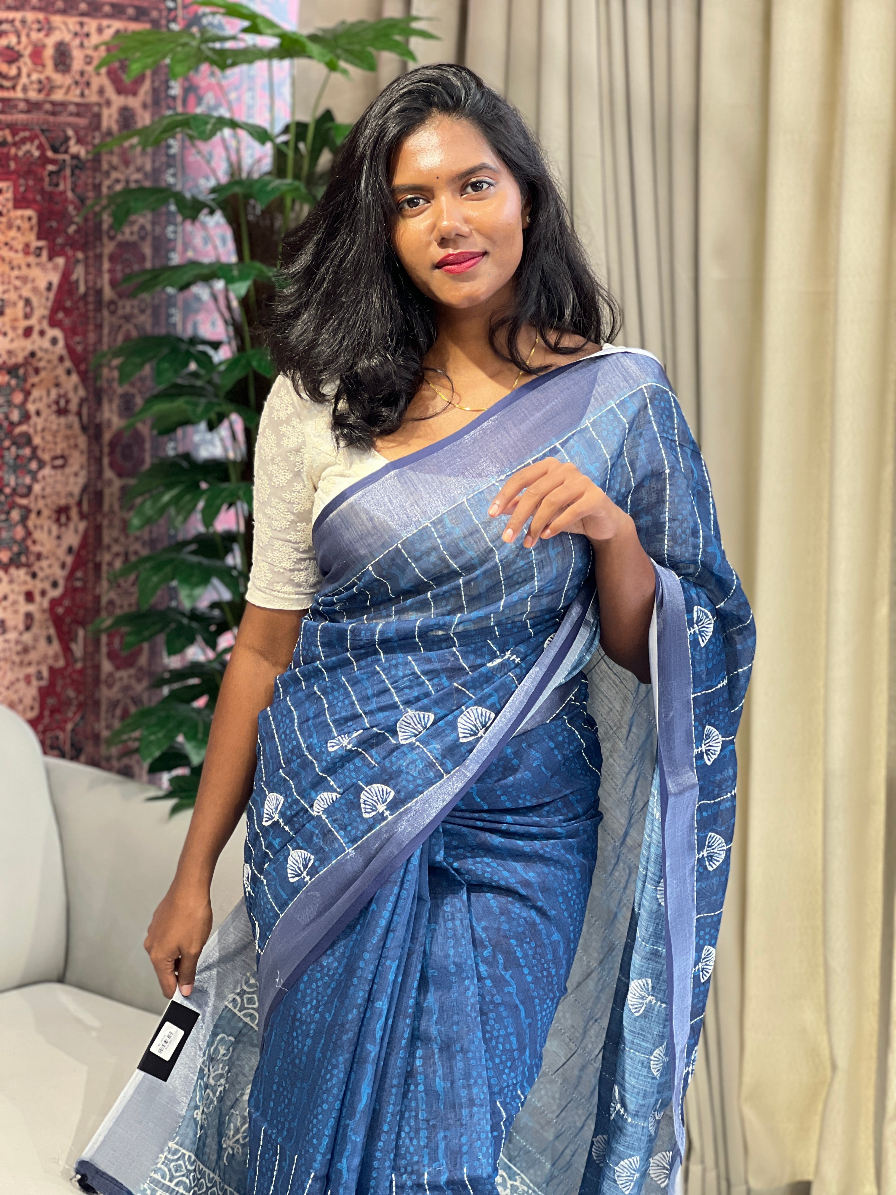 Batik Printed Linen Cotton Saree | BLD1572