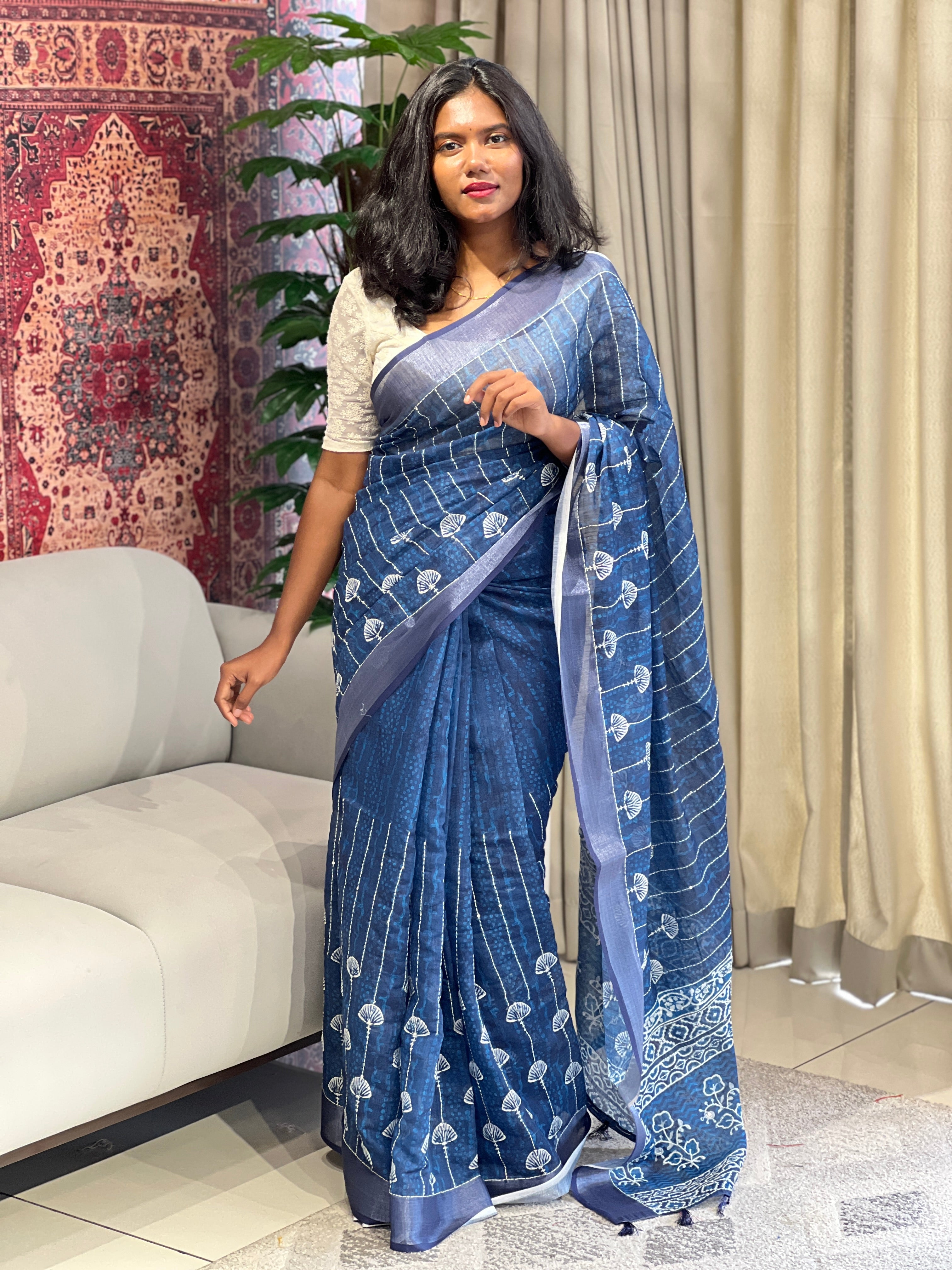 Batik Printed Linen Cotton Saree | BLD1572