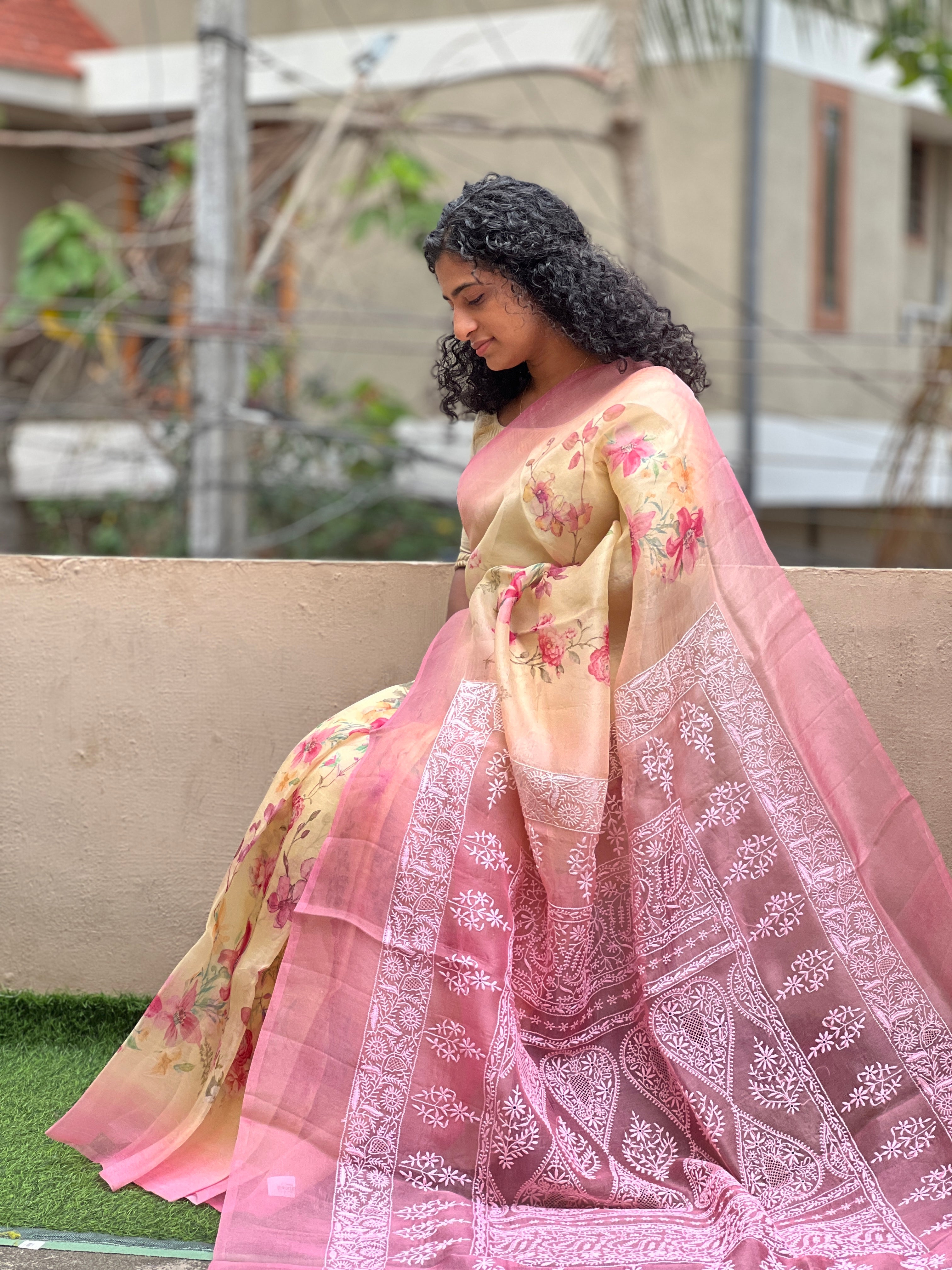 Floral Print Pattern Organza Saree | YNG134