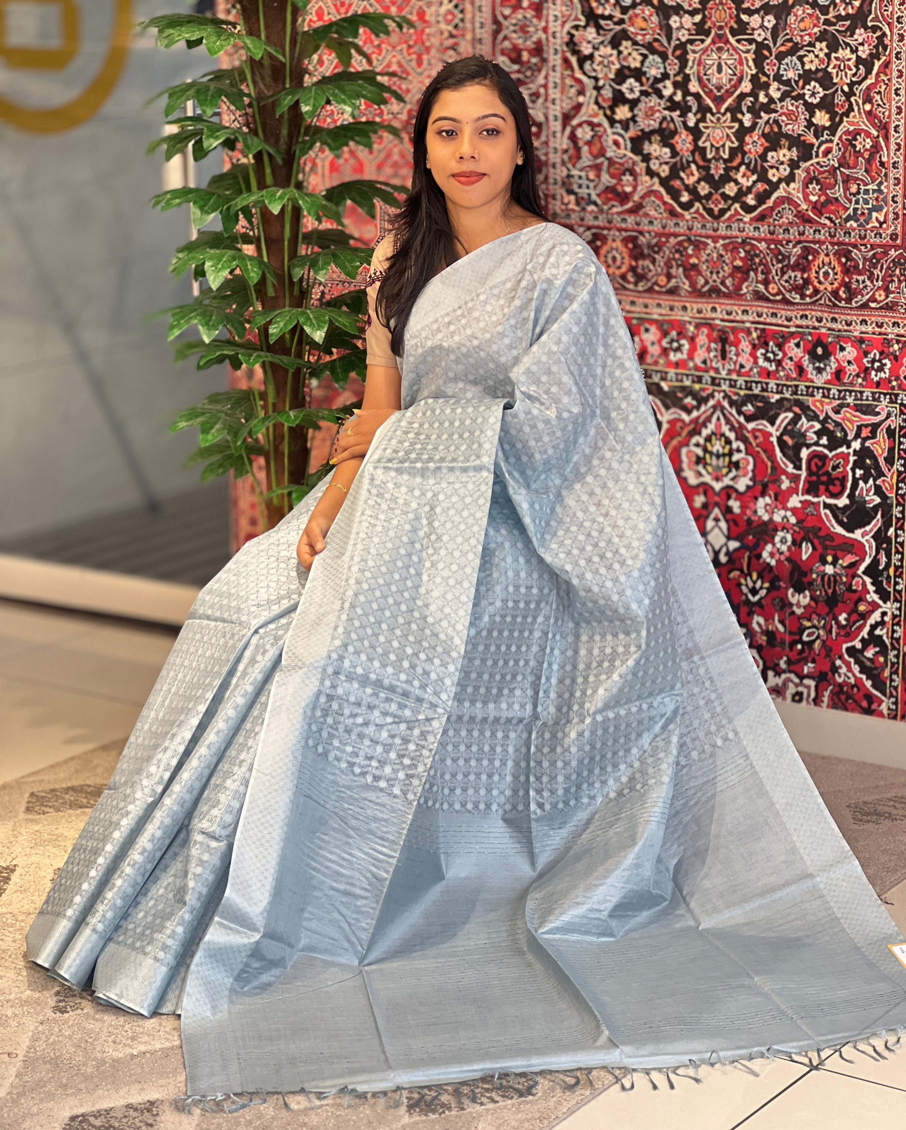 Geometric Pattern Thread Weaved Bamboo Tussar Saree | PNS173