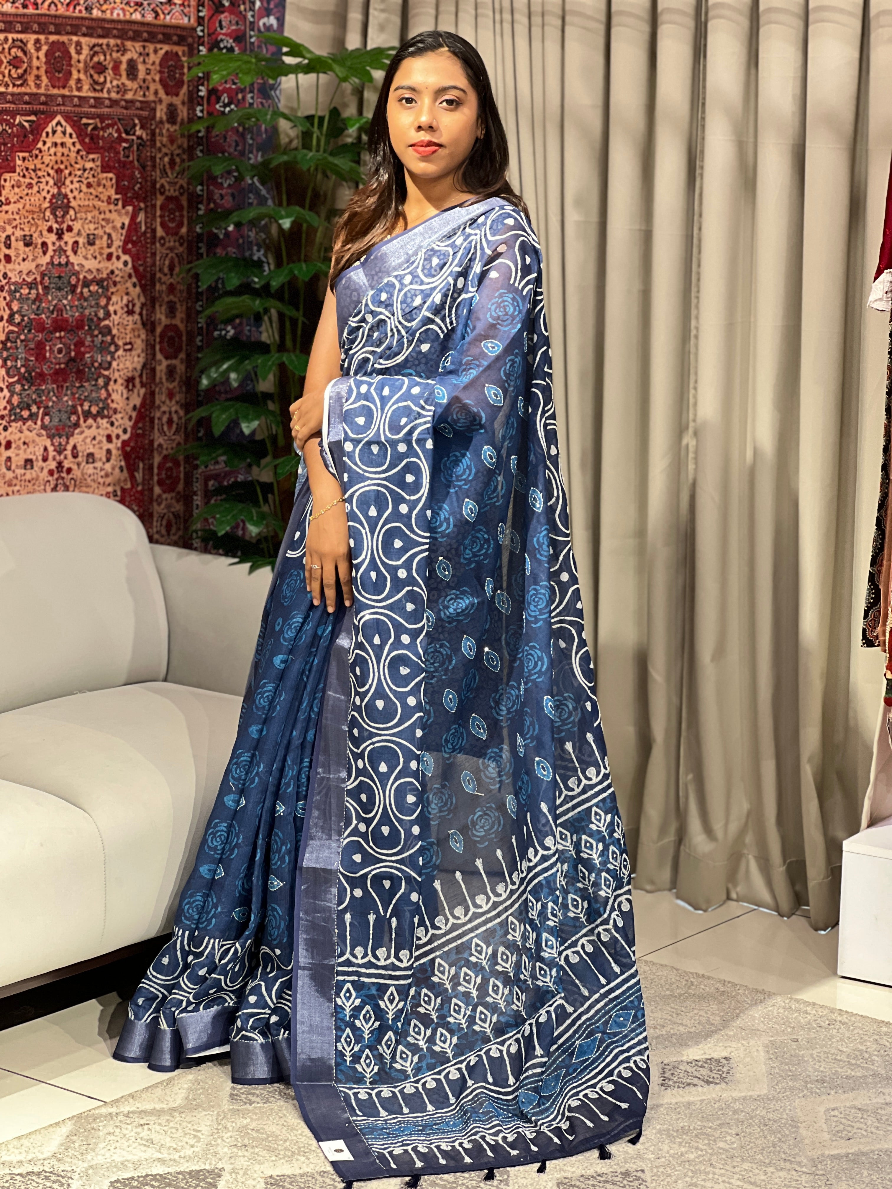 Batik Printed Linen Cotton Saree | BLD1571