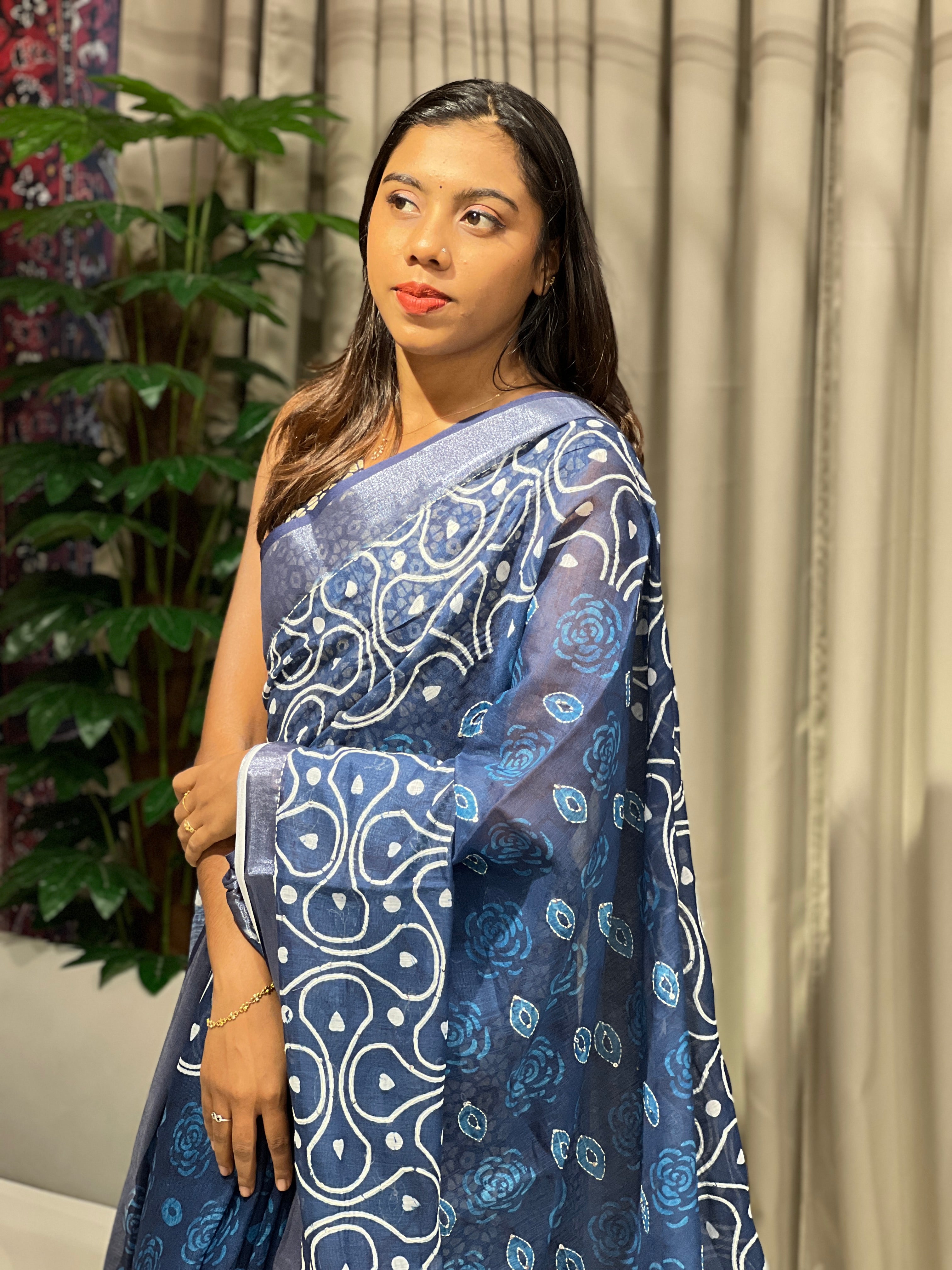 Batik Printed Linen Cotton Saree | BLD1571