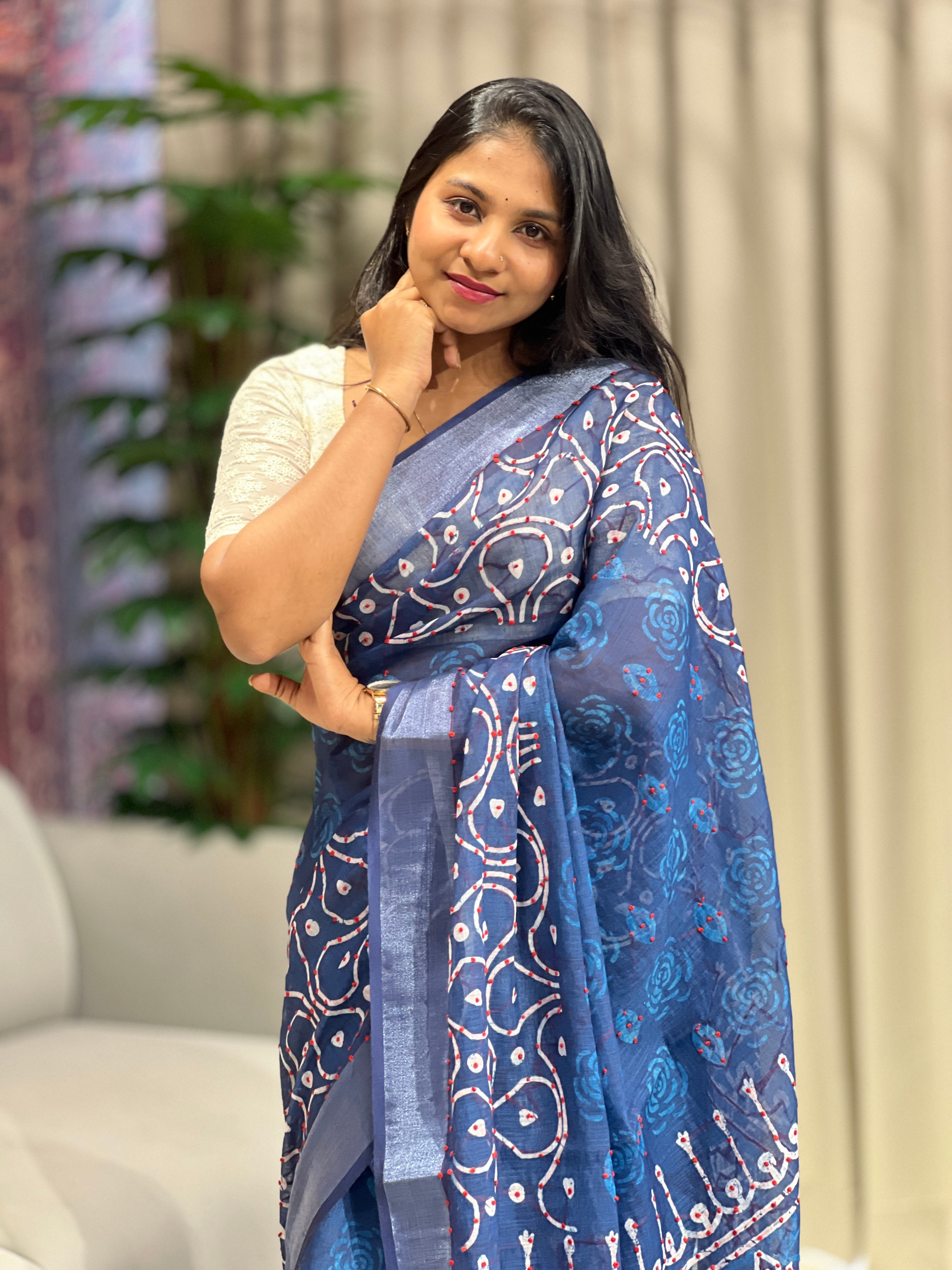 Print With Embroidery Detailed Semi Linen Saree | BLD1634