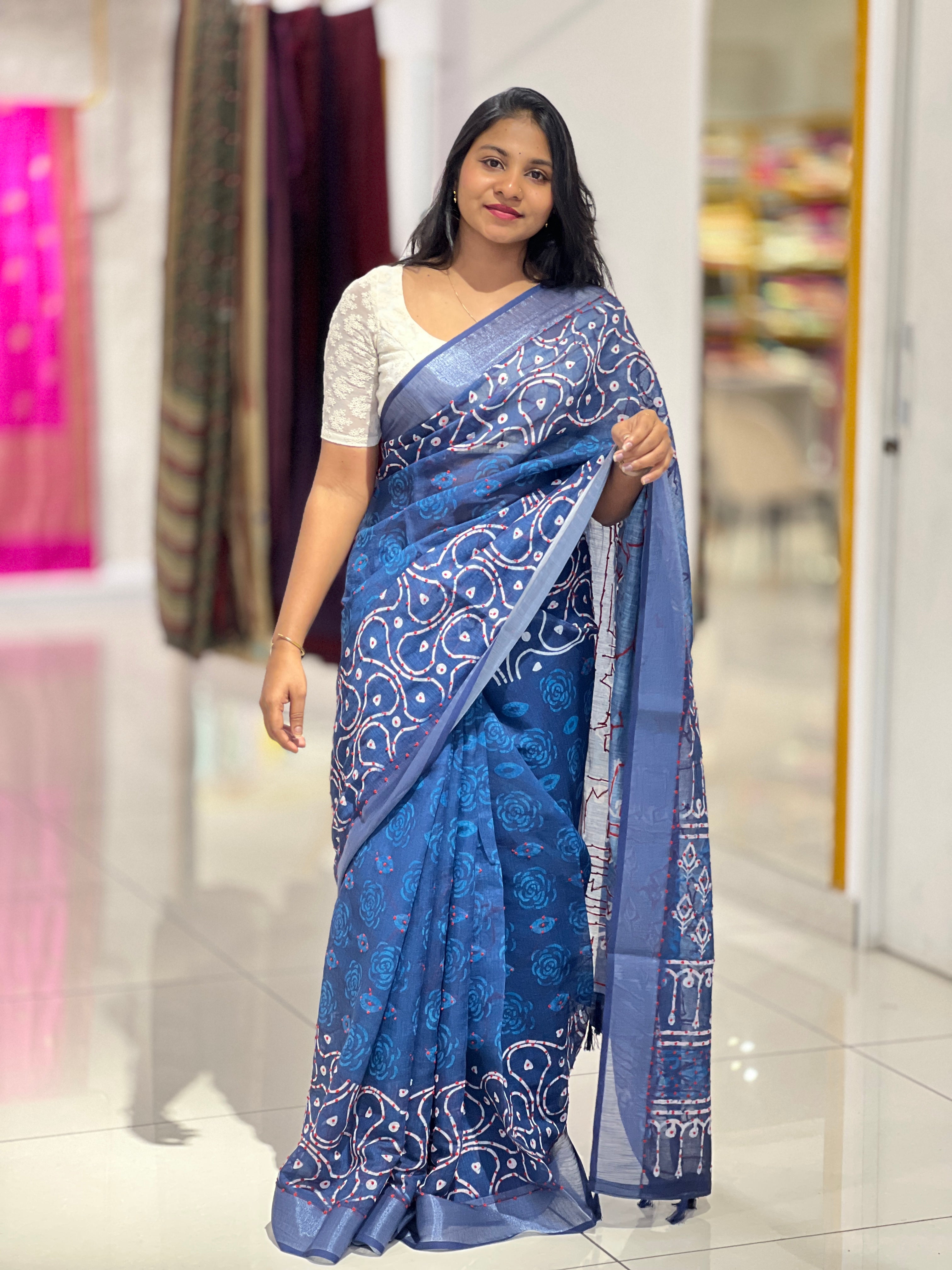 Print With Embroidery Detailed Semi Linen Saree | BLD1636