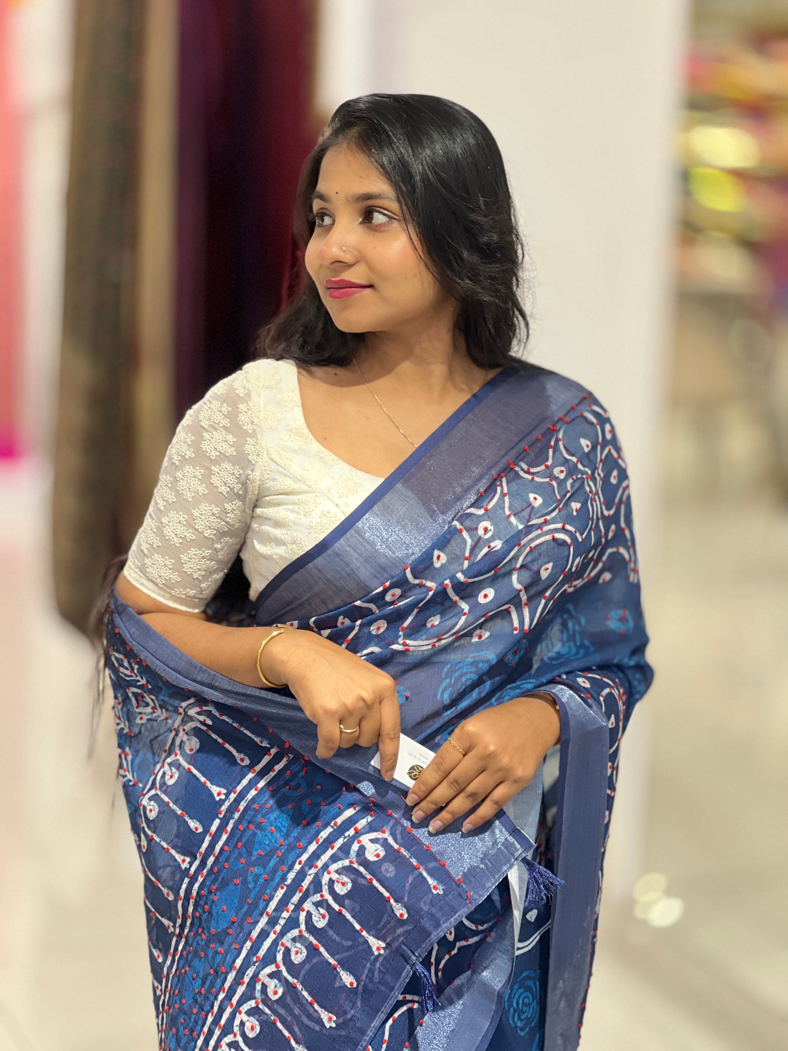 Print With Embroidery Detailed Semi Linen Saree | BLD1636