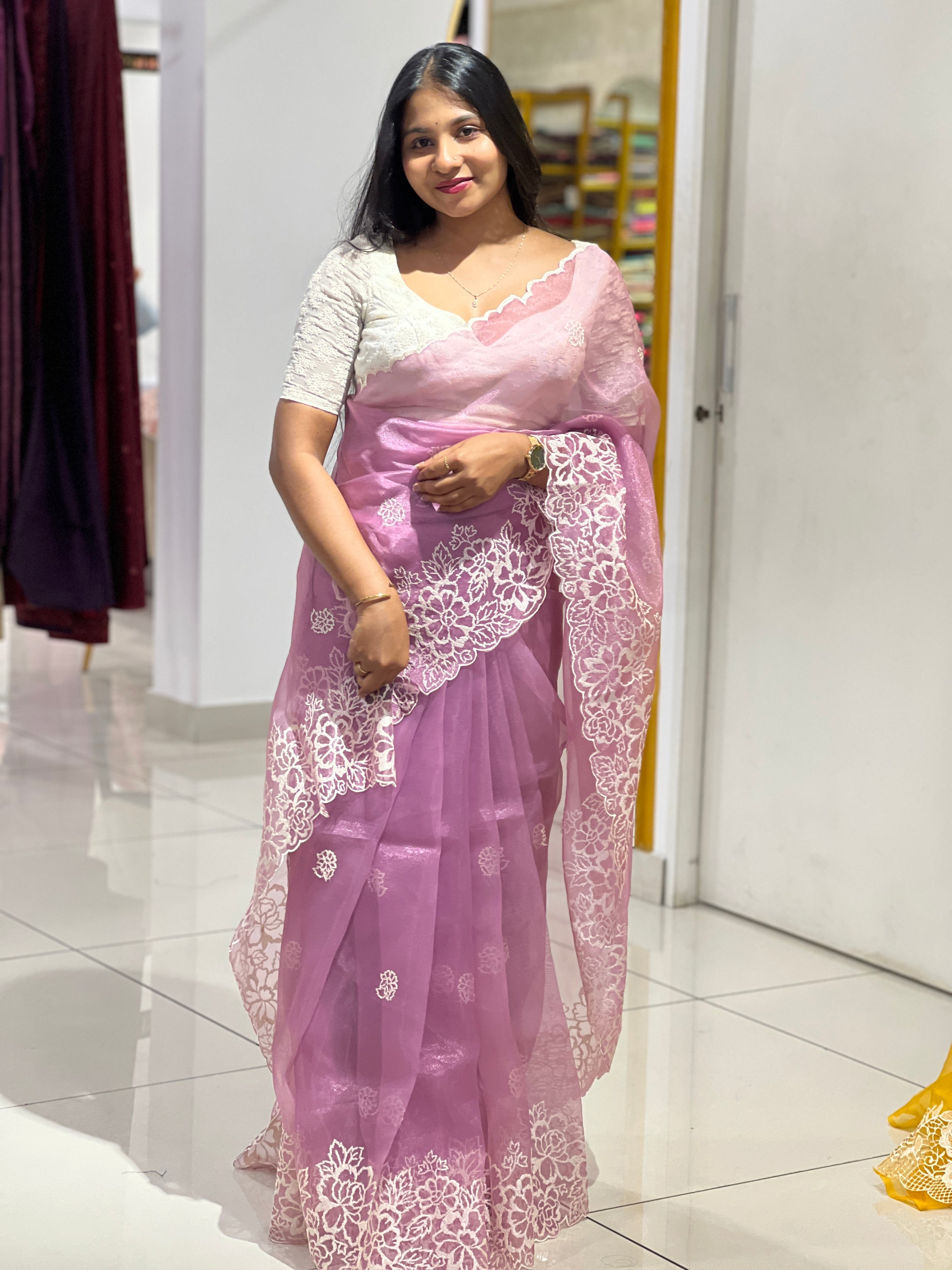 Floral Embroidery Detailed Shimmer Organza Saree | BLD1616