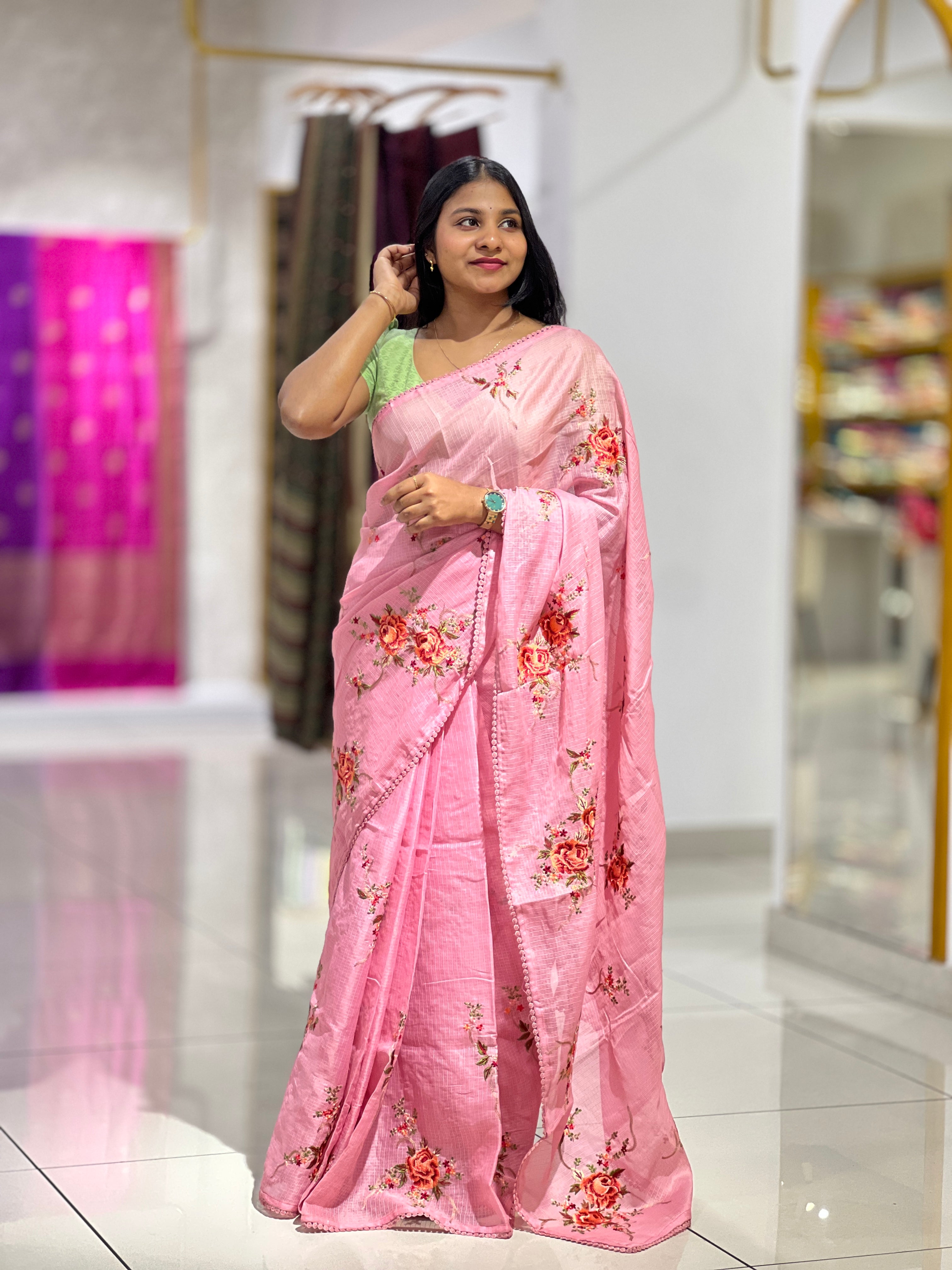 Floral Embroidery Detailed Silky Kota Saree | BLD1617