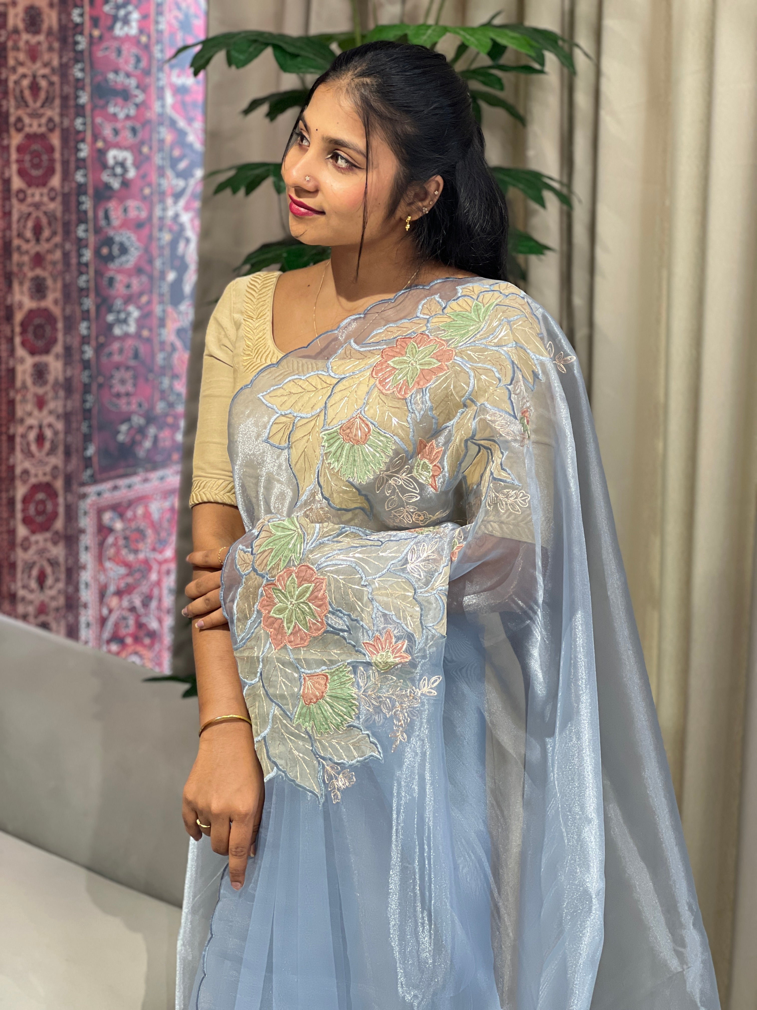 Multi-Colour Floral Applique Detailed Shimmer Organza Saree | BLD1590