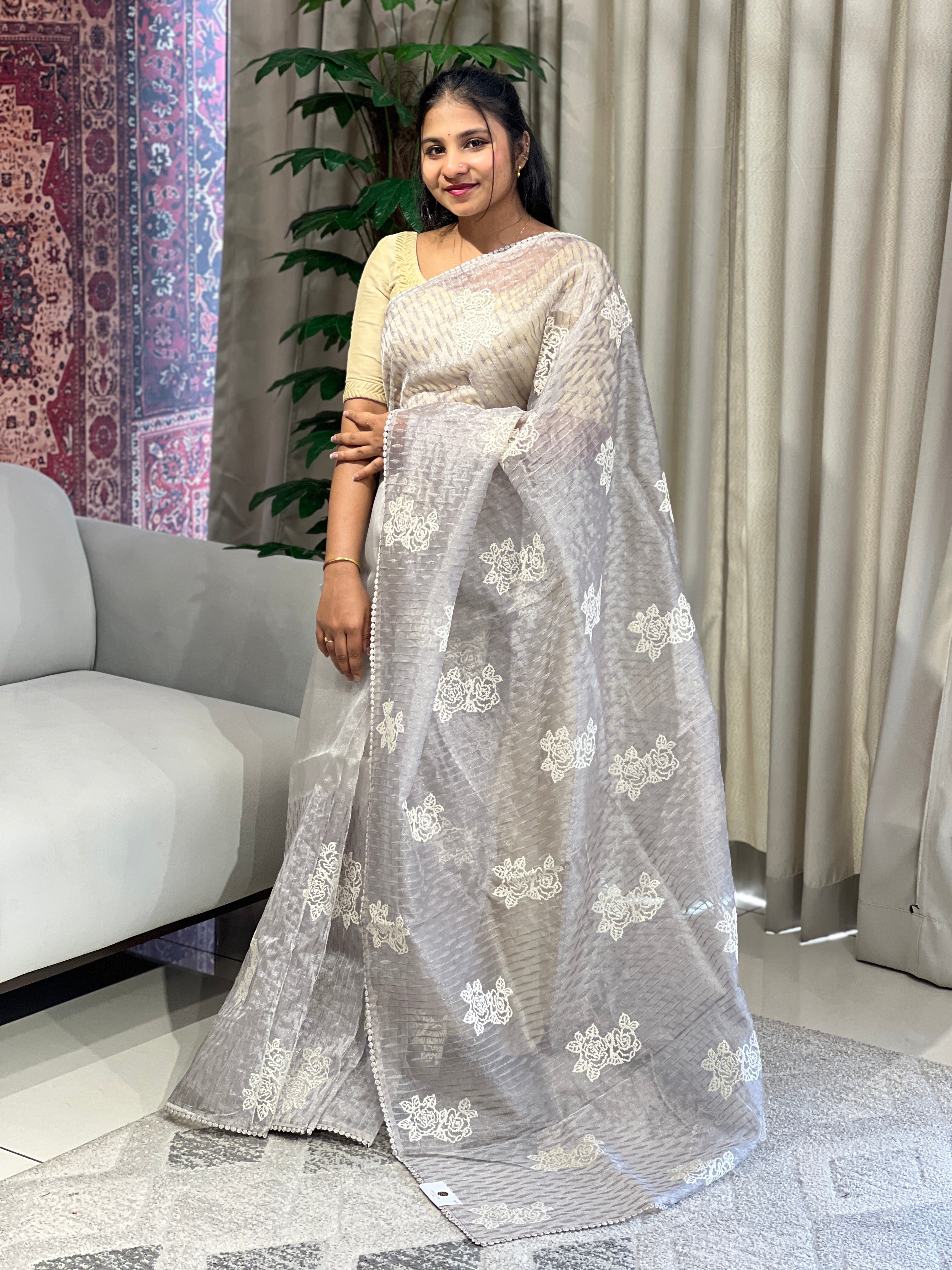 Floral Machine Embroidery Detailed Organza Saree | BLD1605