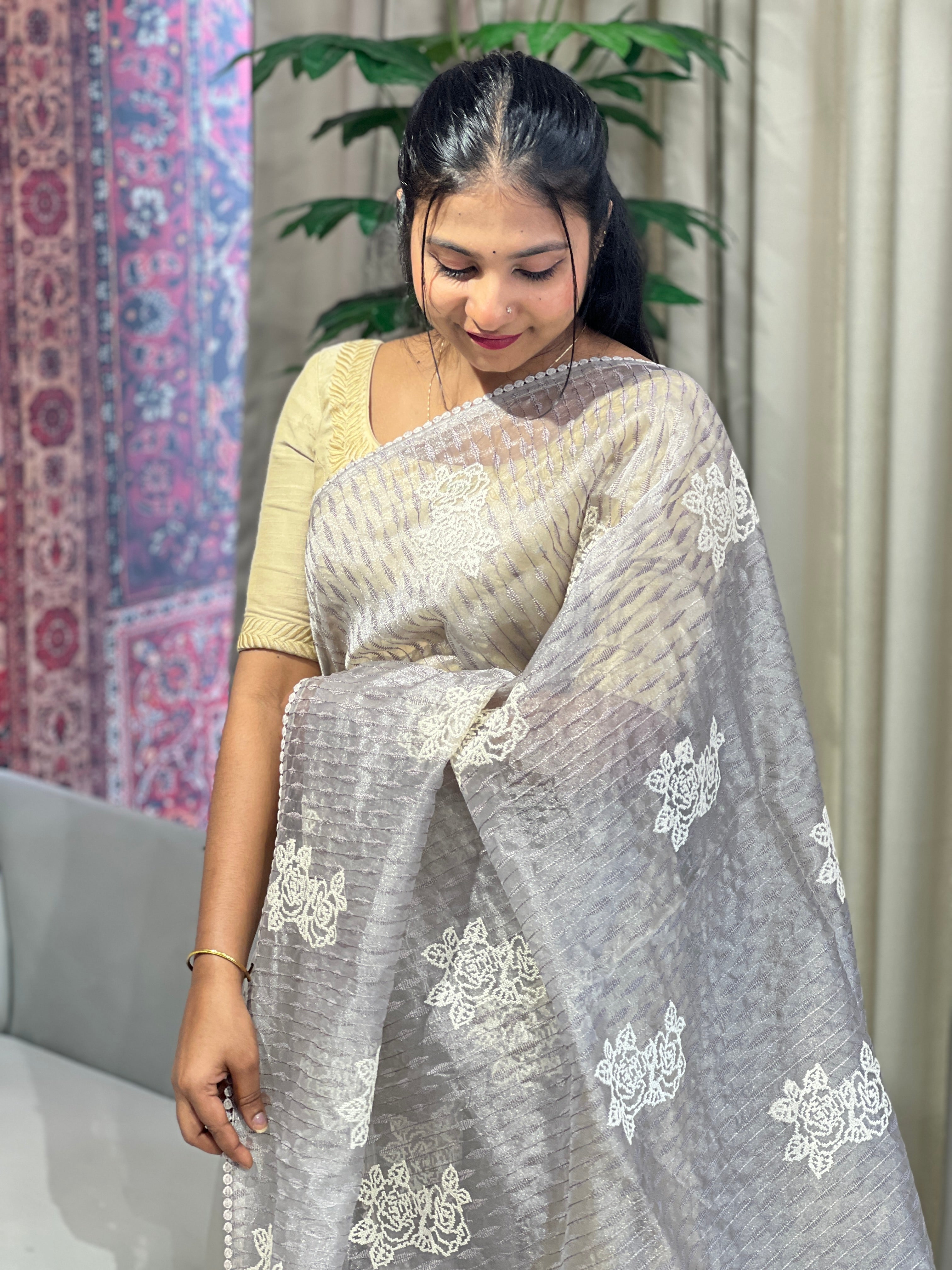 Floral Machine Embroidery Detailed Organza Saree | BLD1605