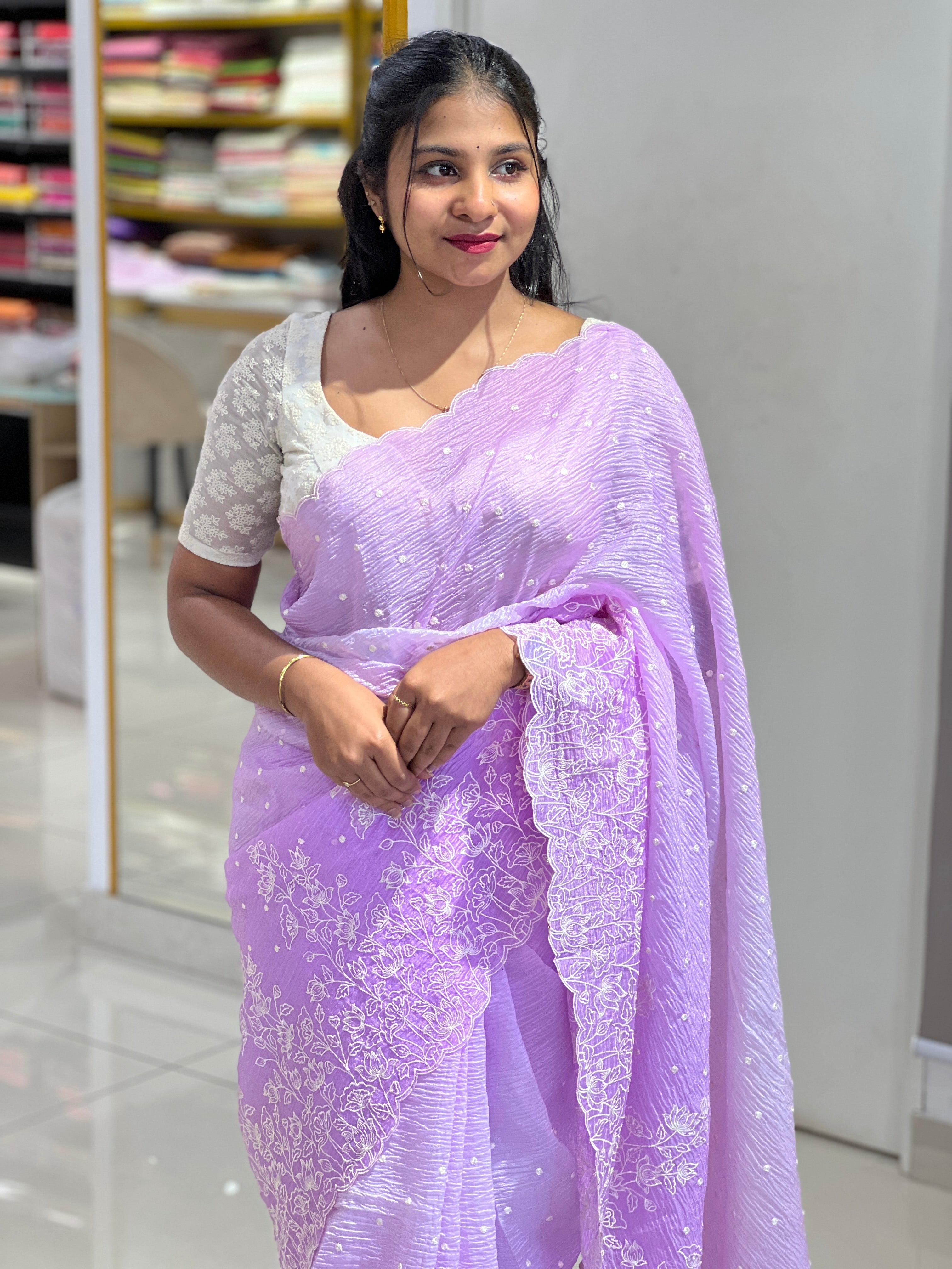 Floral Embroidery Detailed Crushed Organza Saree | BLD1664