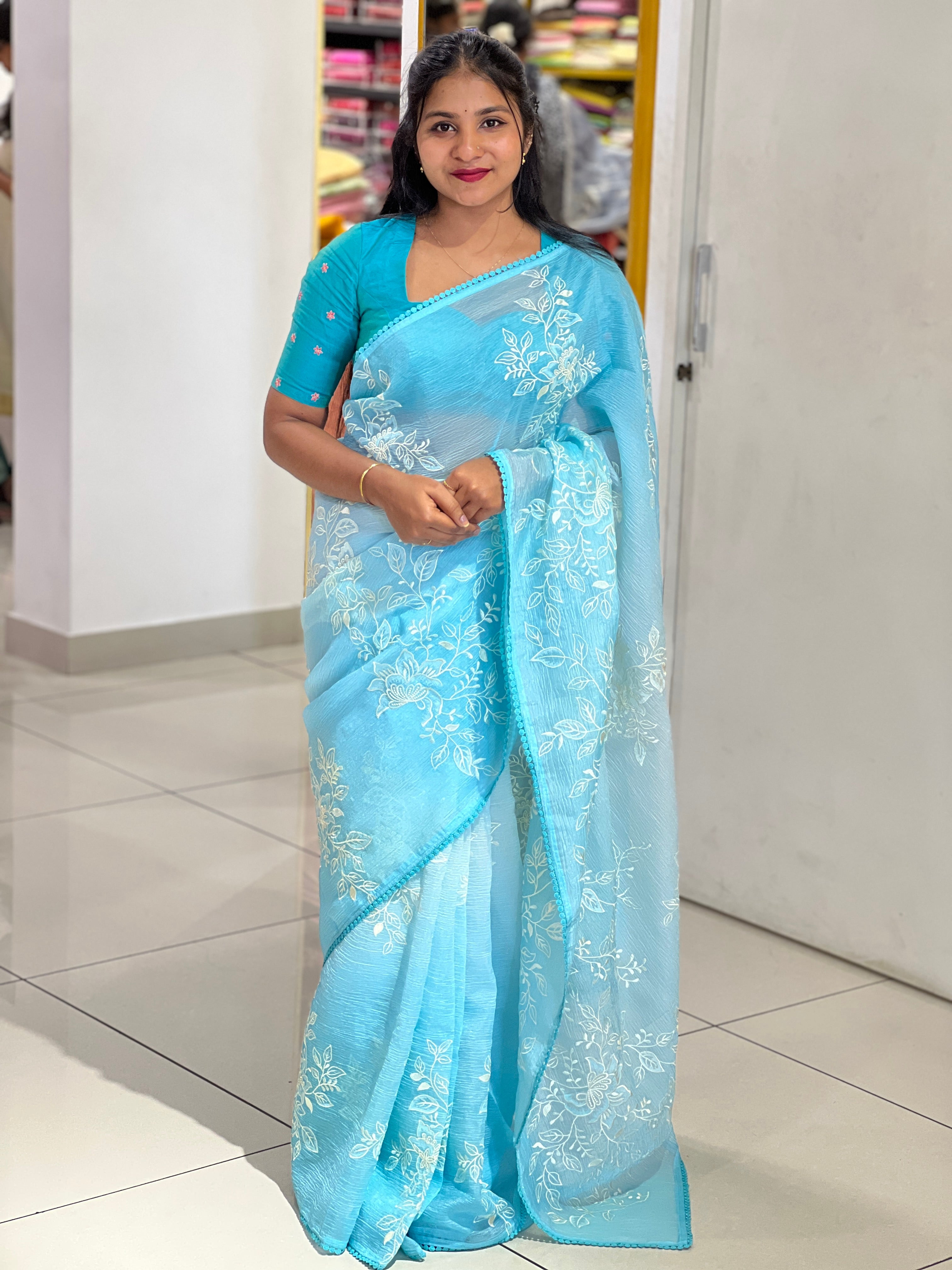 Floral Embroidered Crushed Organza Saree | BLD1660